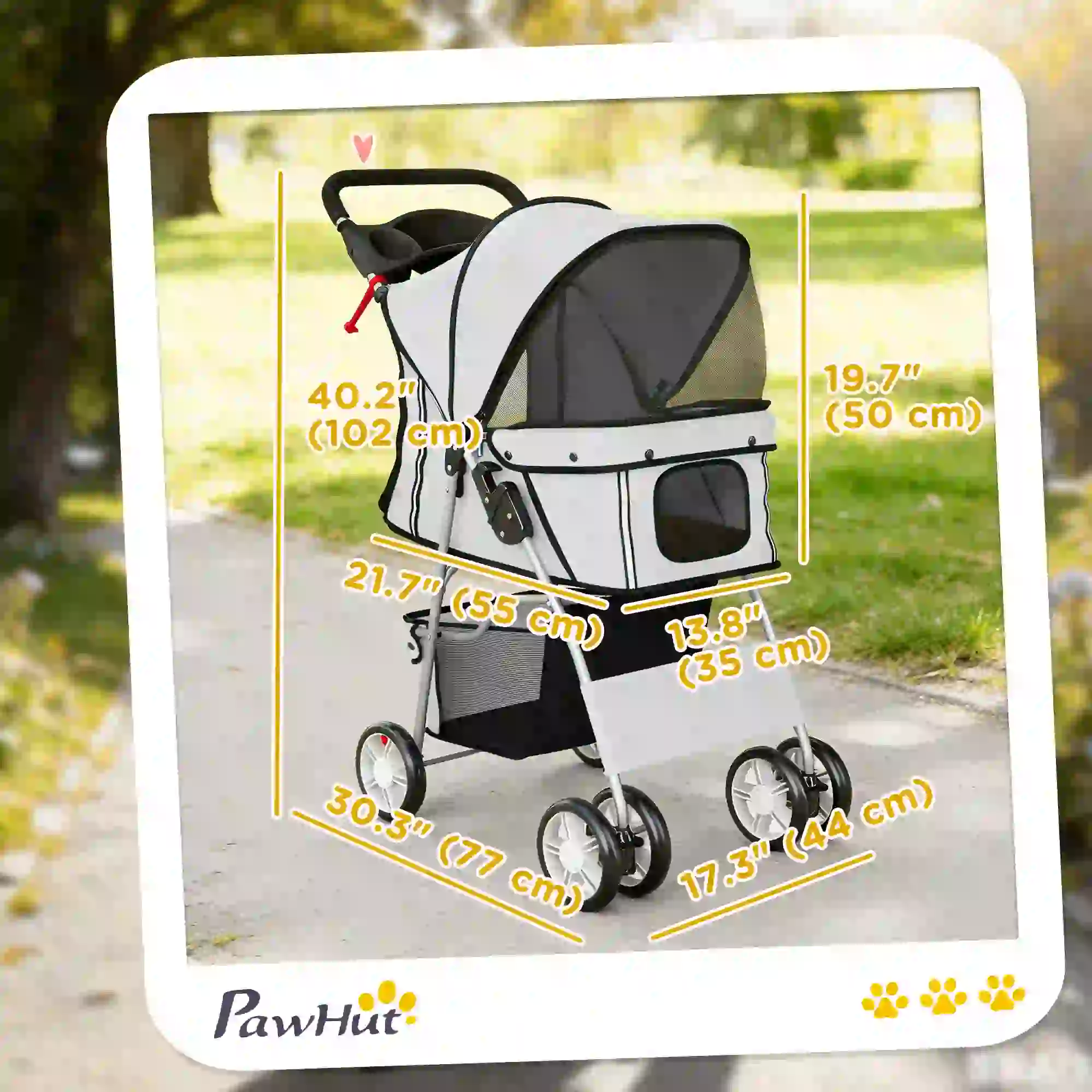 Foldable Pet Stroller, With Wheels, Reflective Strips, Brake, Pad, Basket, Grey - Image 3