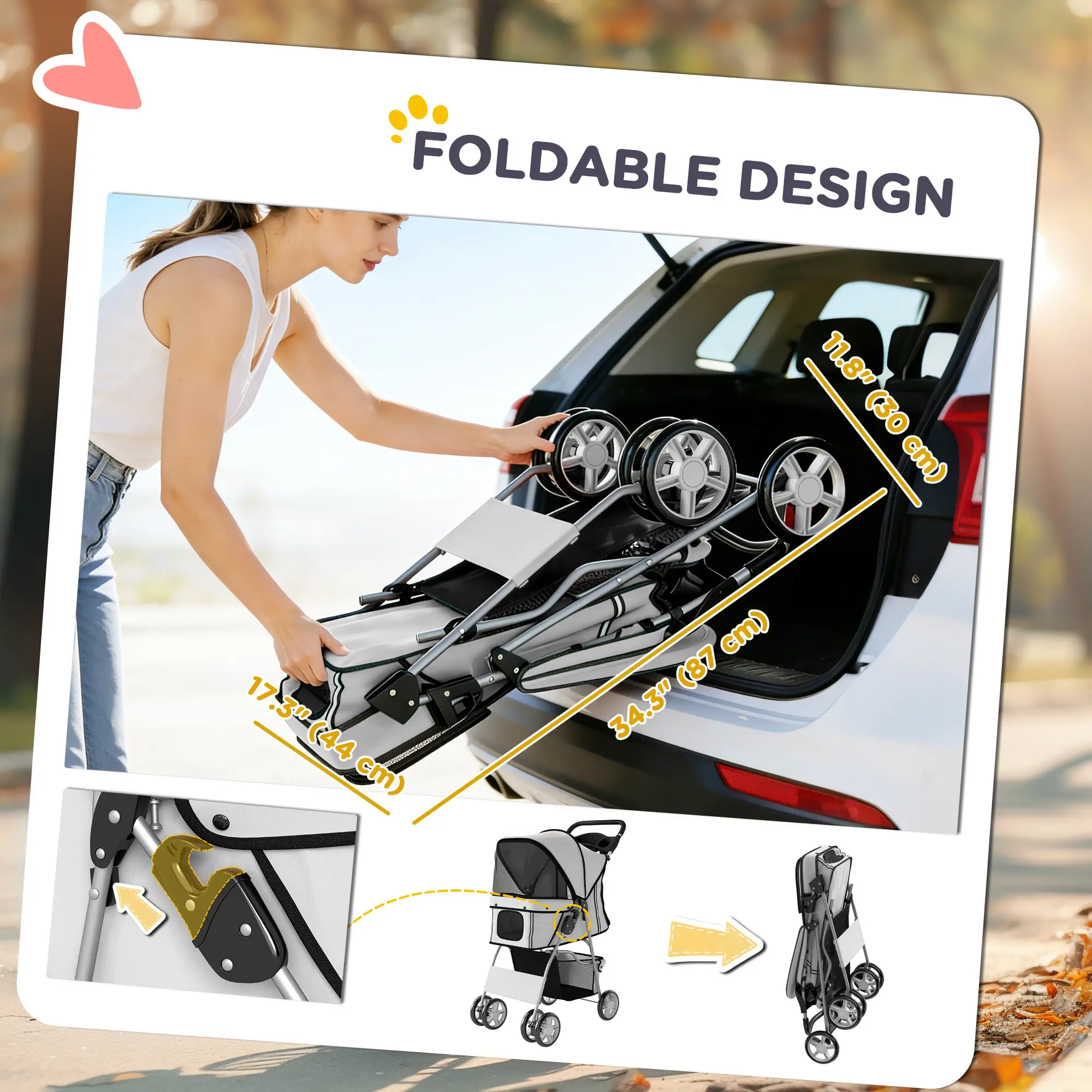 Foldable Pet Stroller, With Wheels, Reflective Strips, Brake, Pad, Basket, Grey - Image 5