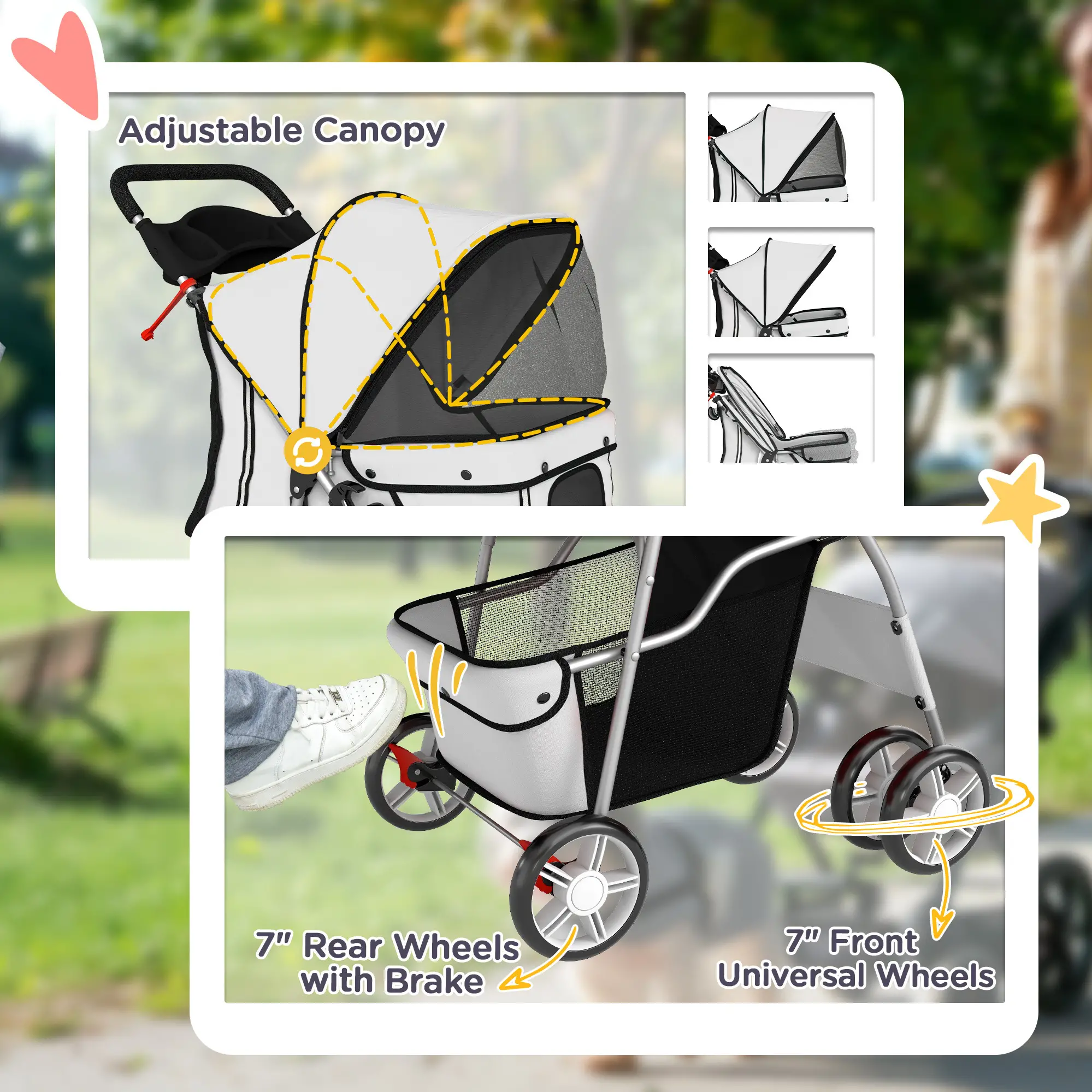 Foldable Pet Stroller, With Wheels, Reflective Strips, Brake, Pad, Basket, Grey - Image 6