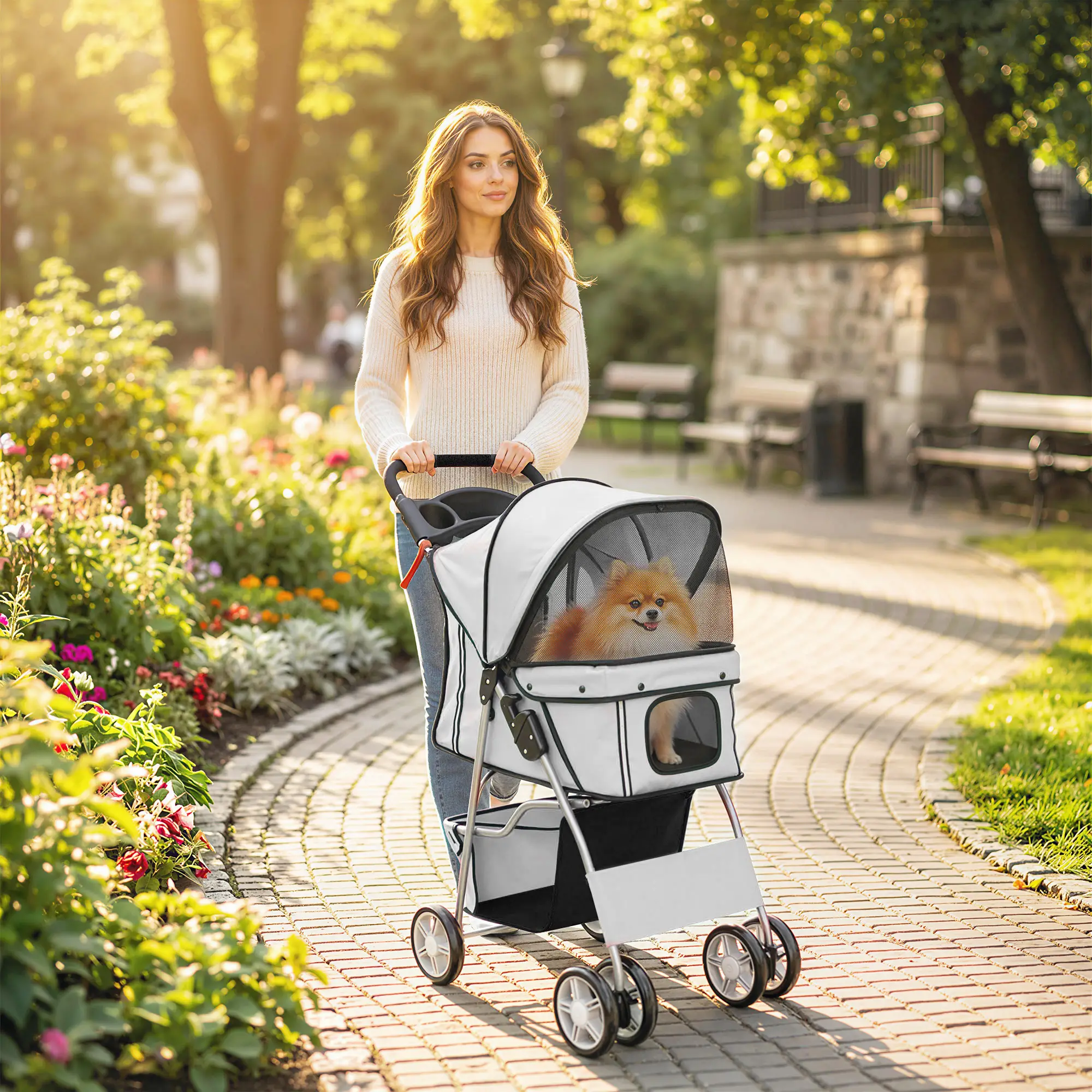 Foldable Pet Stroller, With Wheels, Reflective Strips, Brake, Pad, Basket, Grey - Image 8