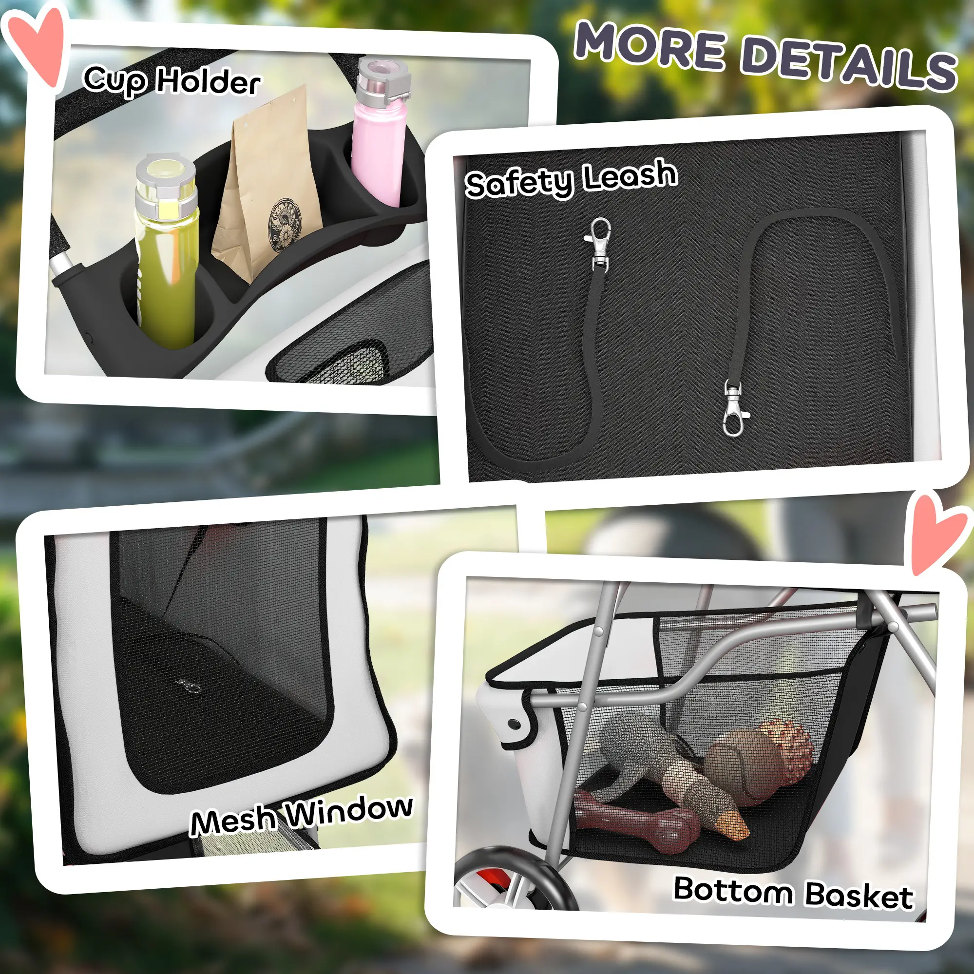Foldable Pet Stroller, With Wheels, Reflective Strips, Brake, Pad, Basket, Grey - Image 9