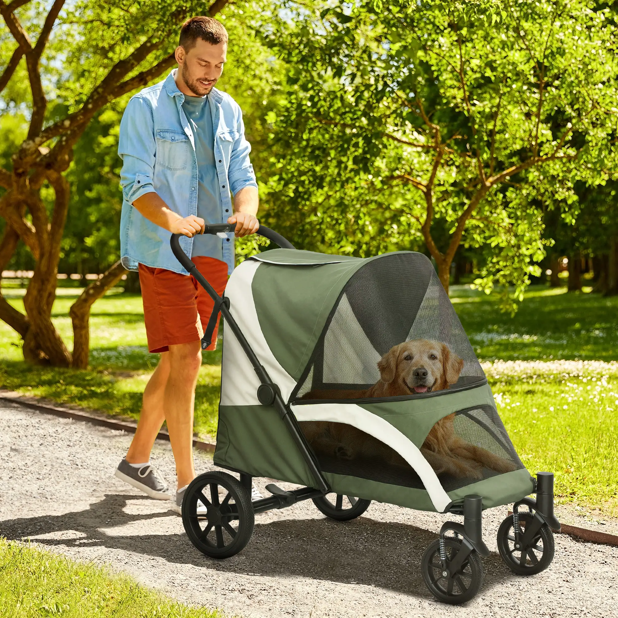 Foldable Pet Stroller, Large Dogs, Four Big Wheels, Dark Green - Image 2