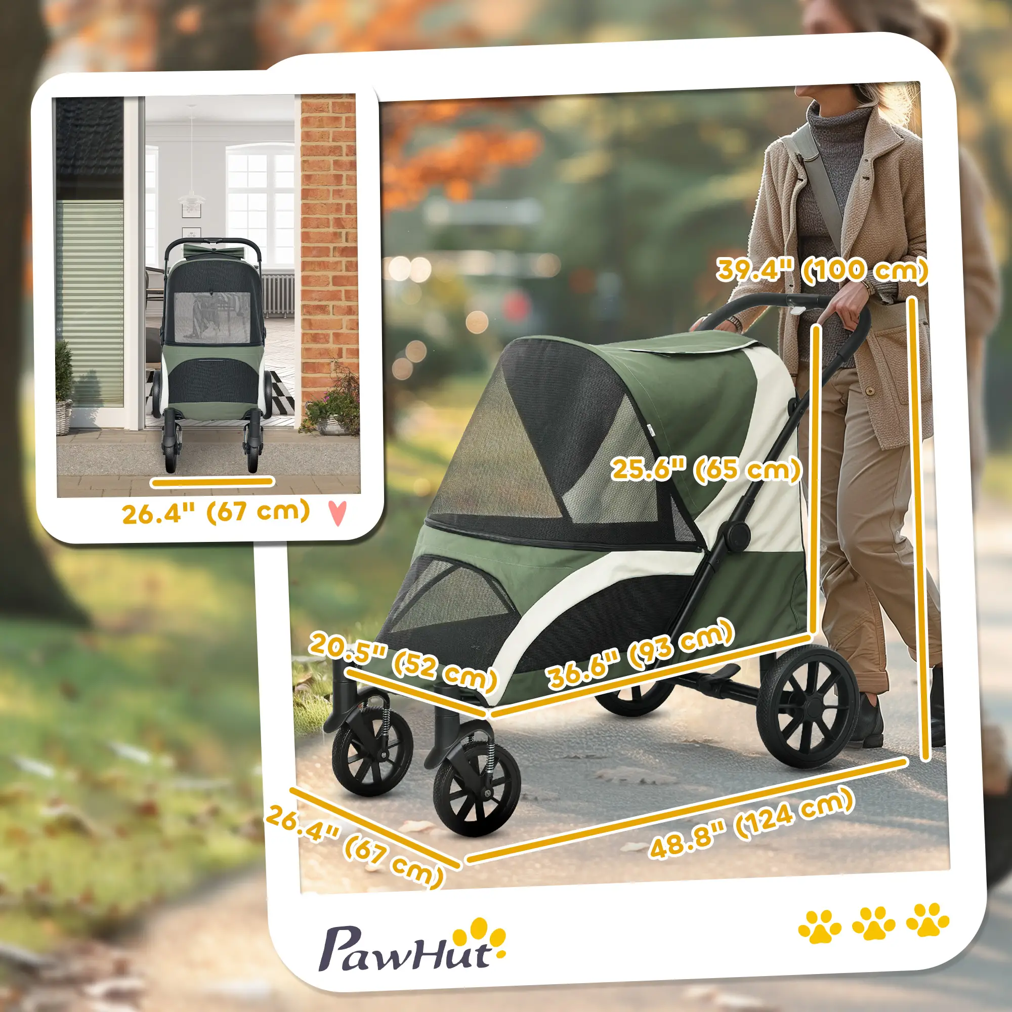 Foldable Pet Stroller, Large Dogs, Four Big Wheels, Dark Green - Image 3