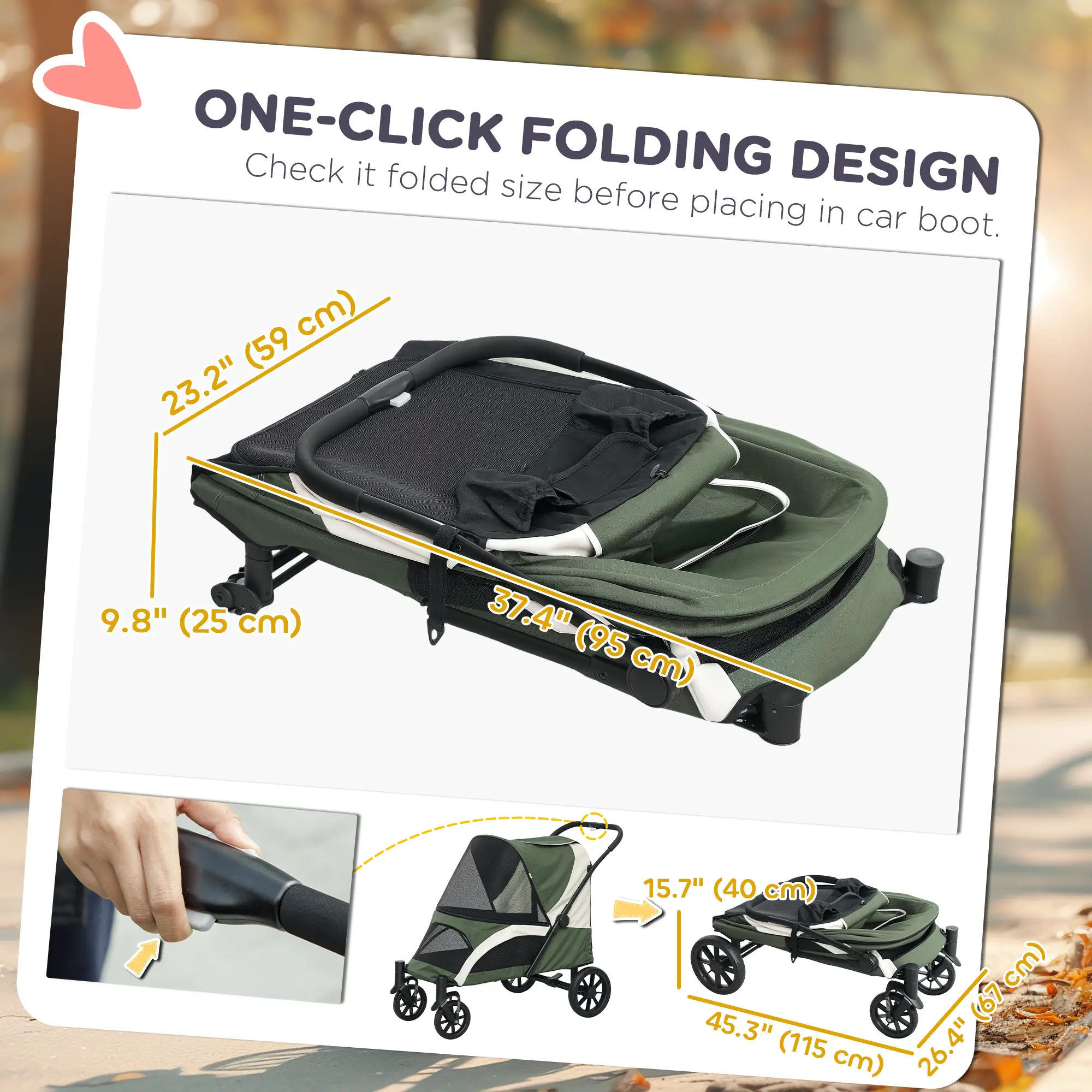 Foldable Pet Stroller, Large Dogs, Four Big Wheels, Dark Green - Image 5