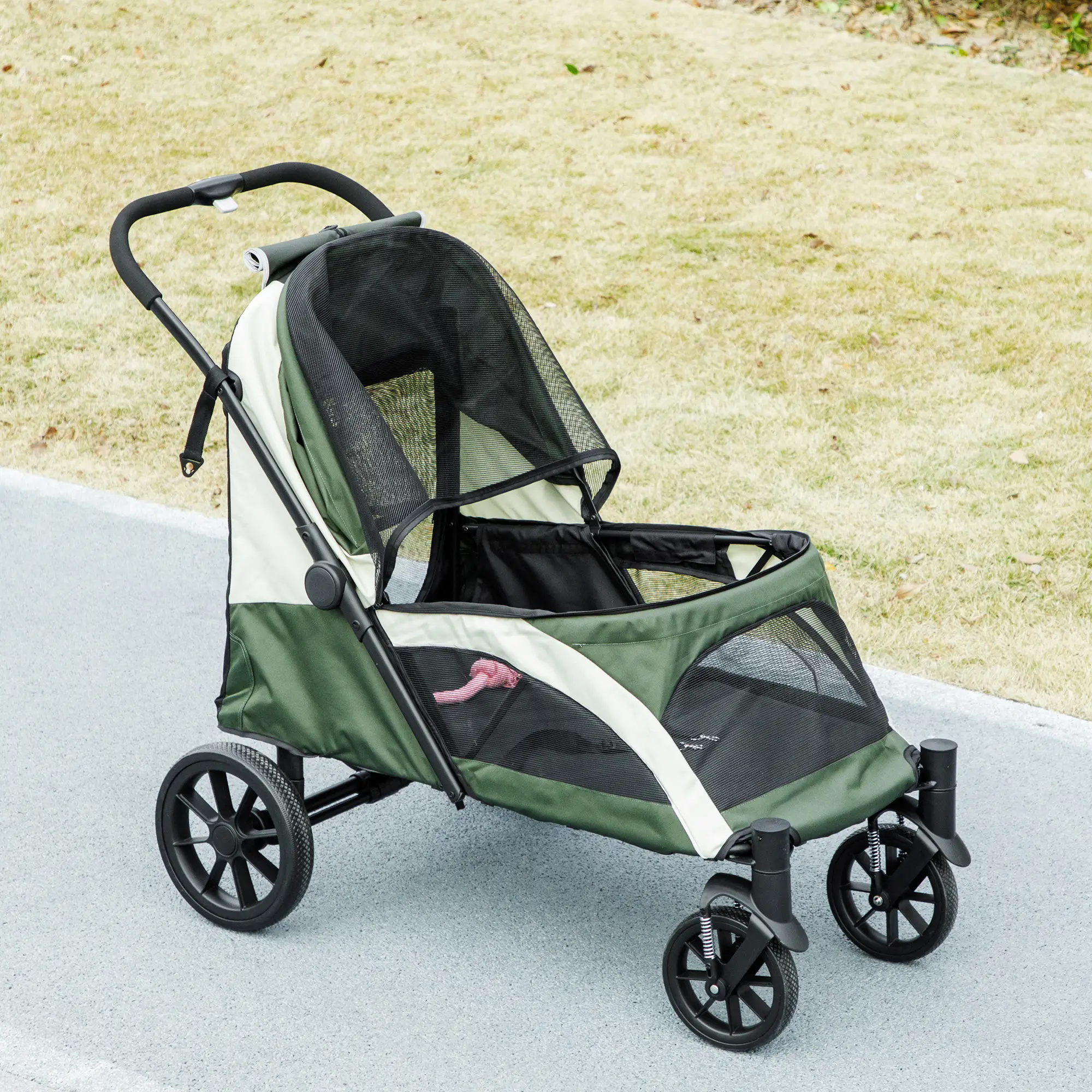 Foldable Pet Stroller, Large Dogs, Four Big Wheels, Dark Green - Image 9