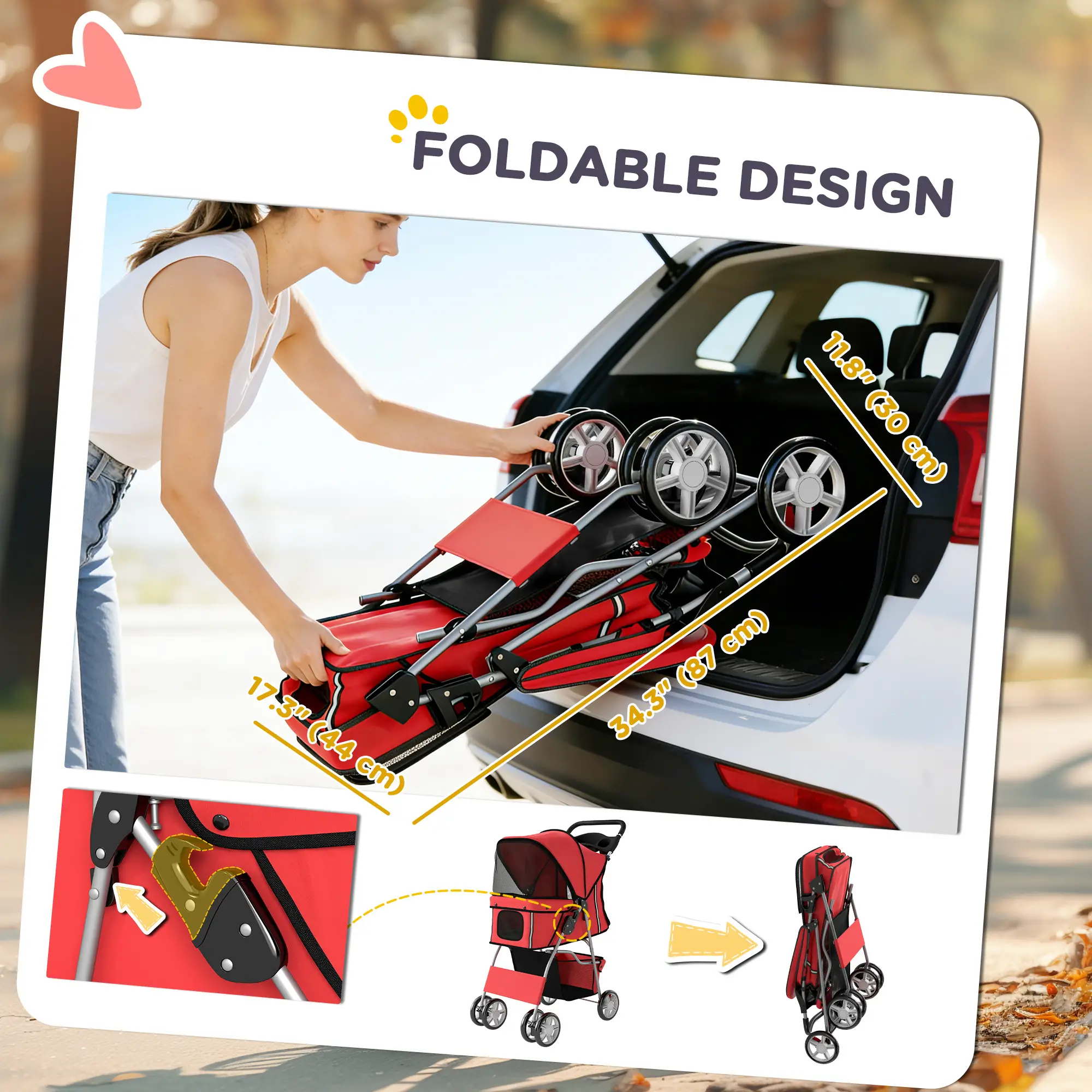 Foldable Pet Stroller, 360° Swivel Wheels, Reflective Strips, Red - Image 5