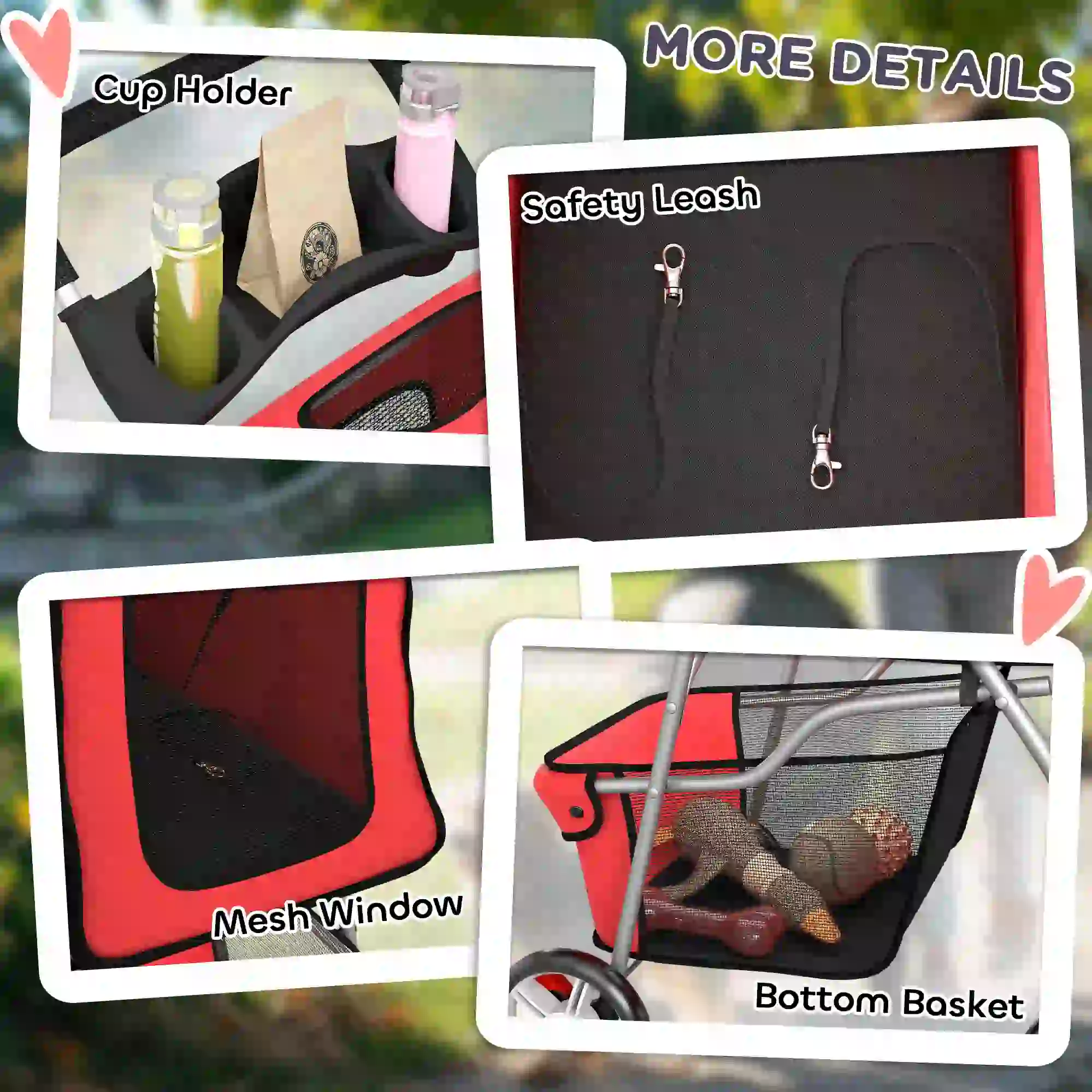 Foldable Pet Stroller, 360° Swivel Wheels, Reflective Strips, Red - Image 9