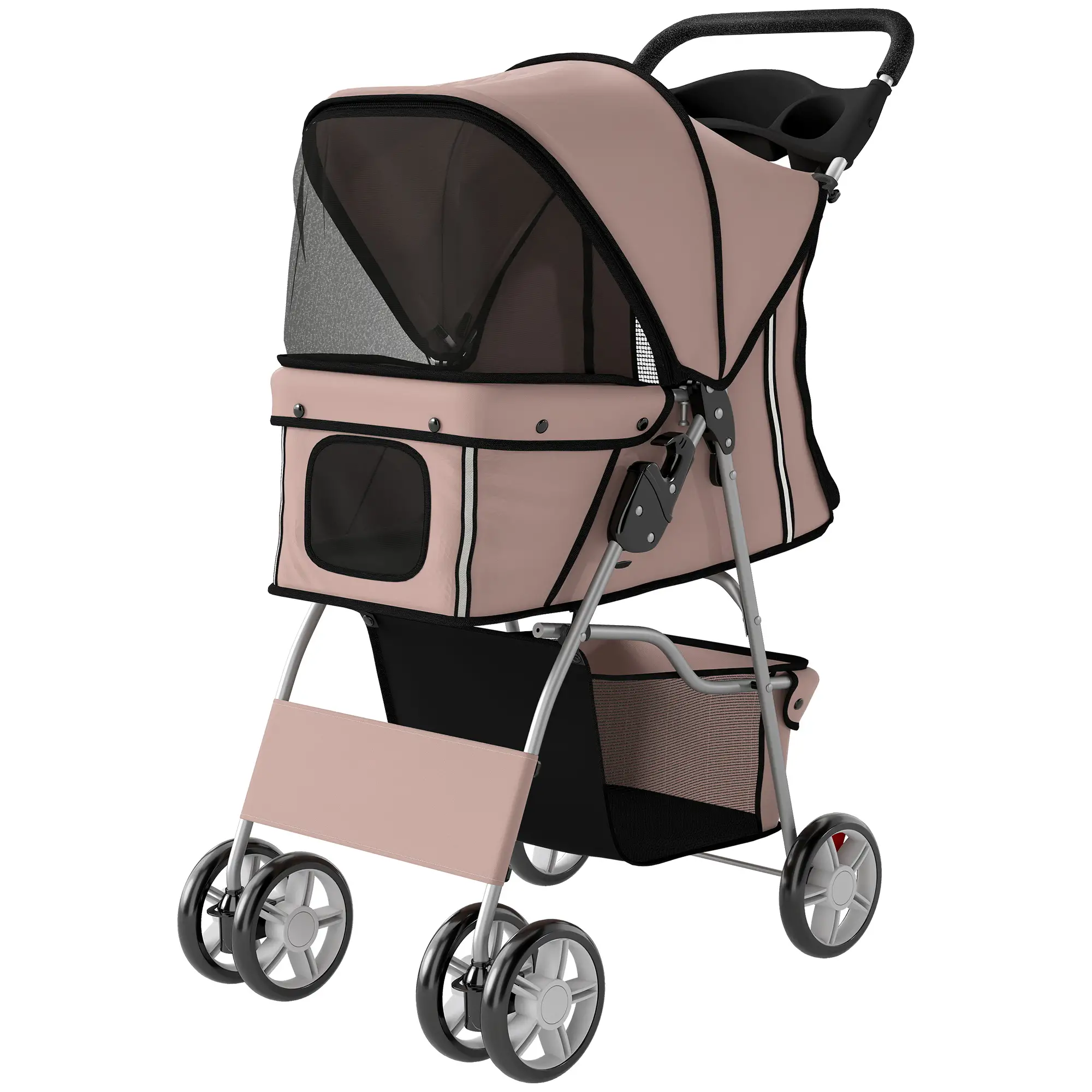 Foldable Pet Stroller, Wheels, Reflective Strips, Brake, Pad, Basket, Coffee
