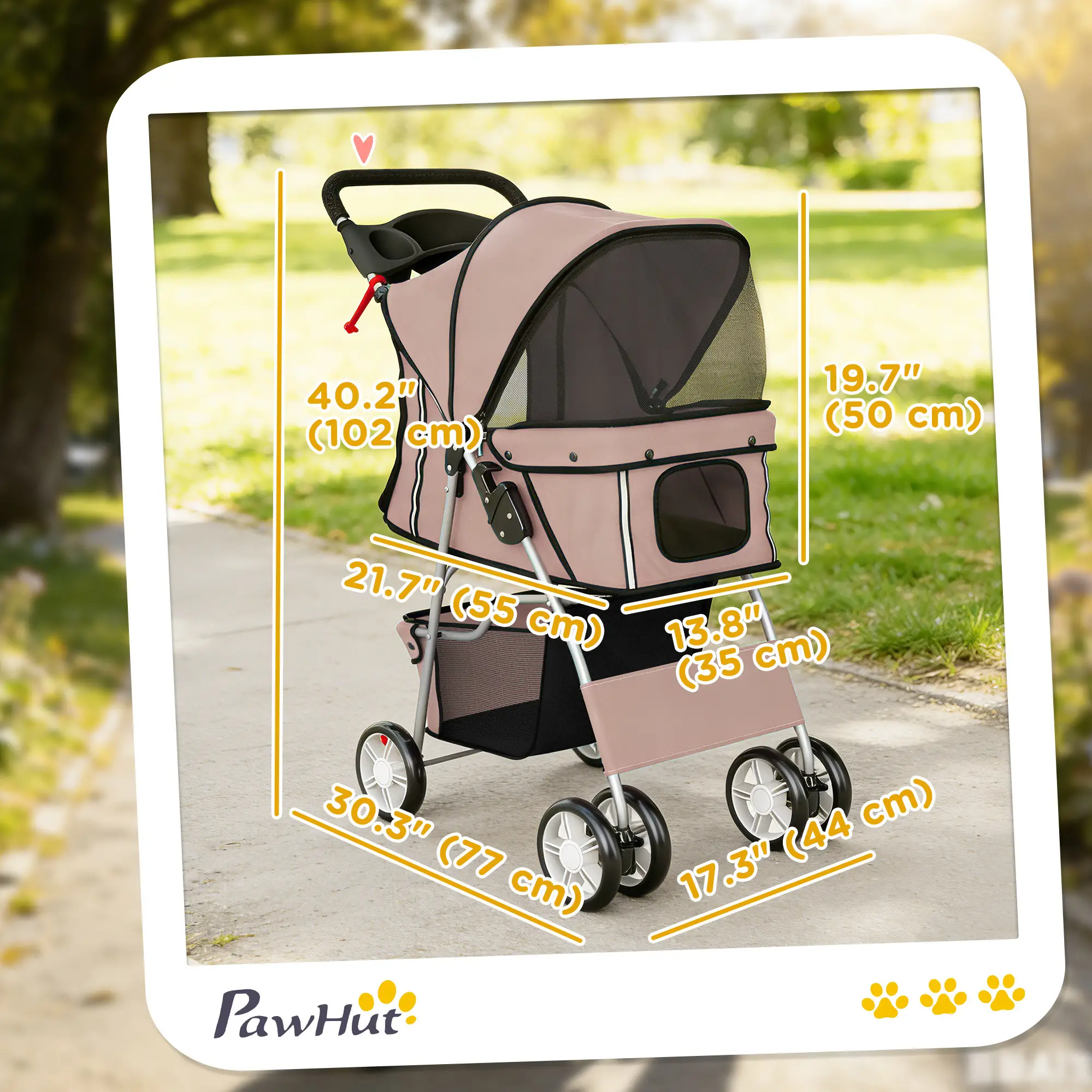 Foldable Pet Stroller, Wheels, Reflective Strips, Brake, Pad, Basket, Coffee - Image 3