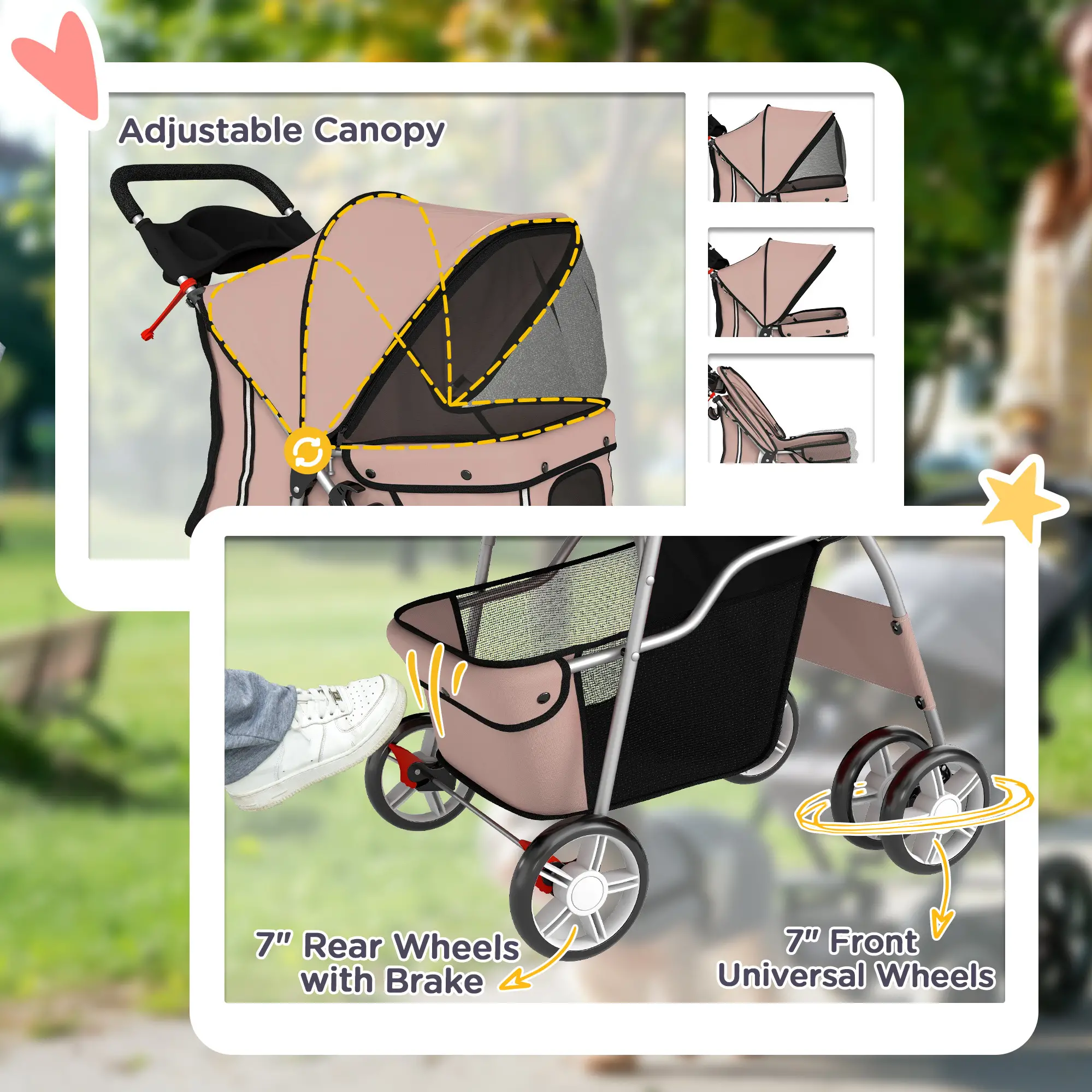 Foldable Pet Stroller, Wheels, Reflective Strips, Brake, Pad, Basket, Coffee - Image 6