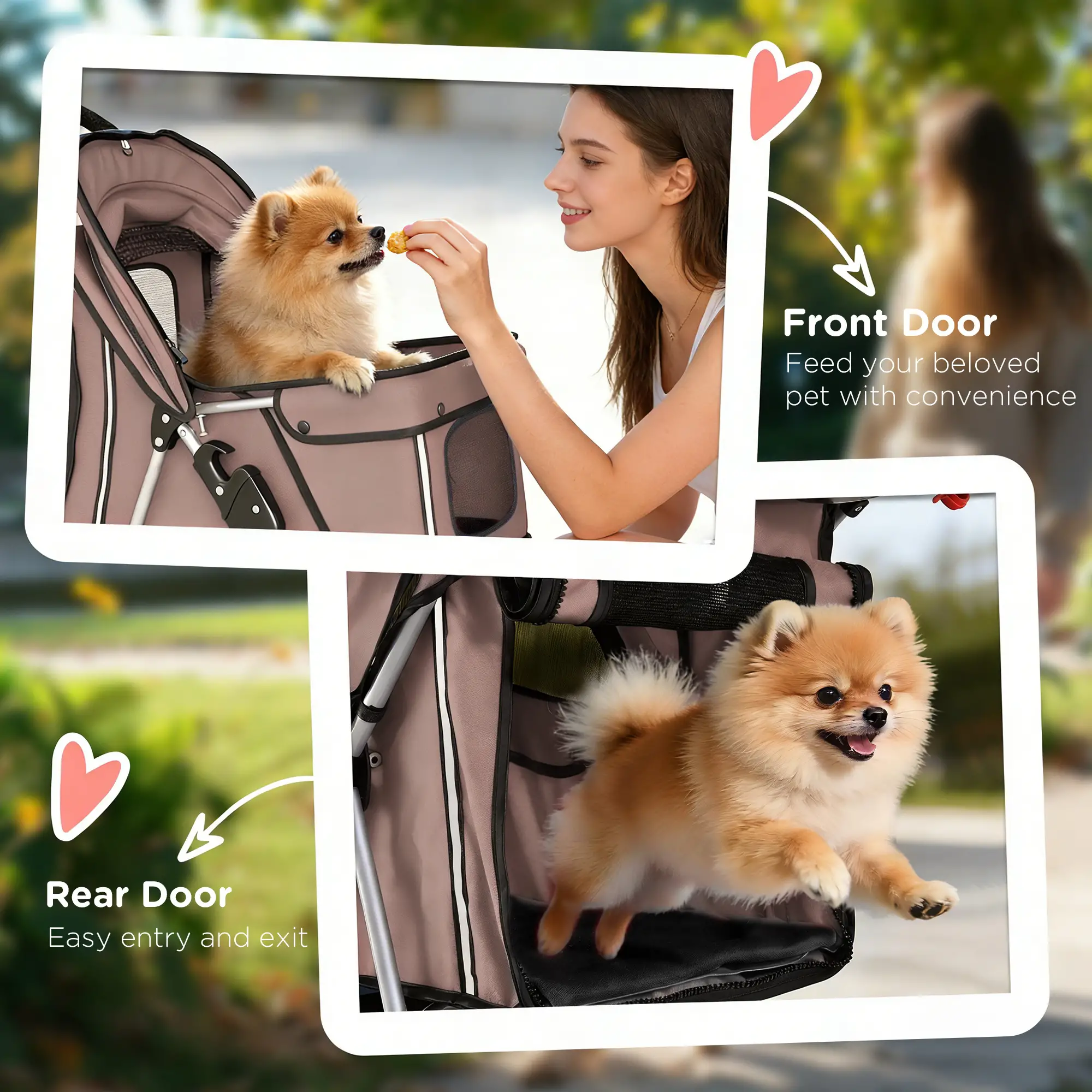Foldable Pet Stroller, Wheels, Reflective Strips, Brake, Pad, Basket, Coffee - Image 7