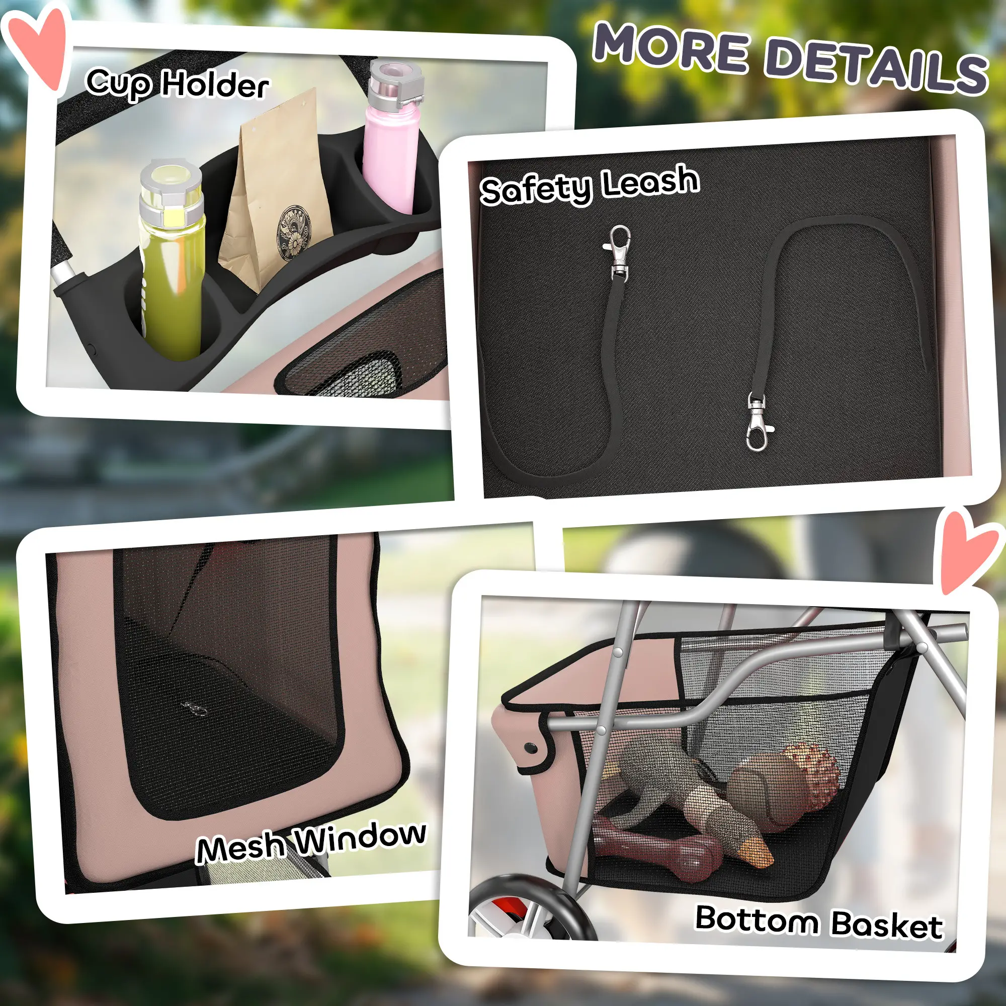 Foldable Pet Stroller, Wheels, Reflective Strips, Brake, Pad, Basket, Coffee - Image 9