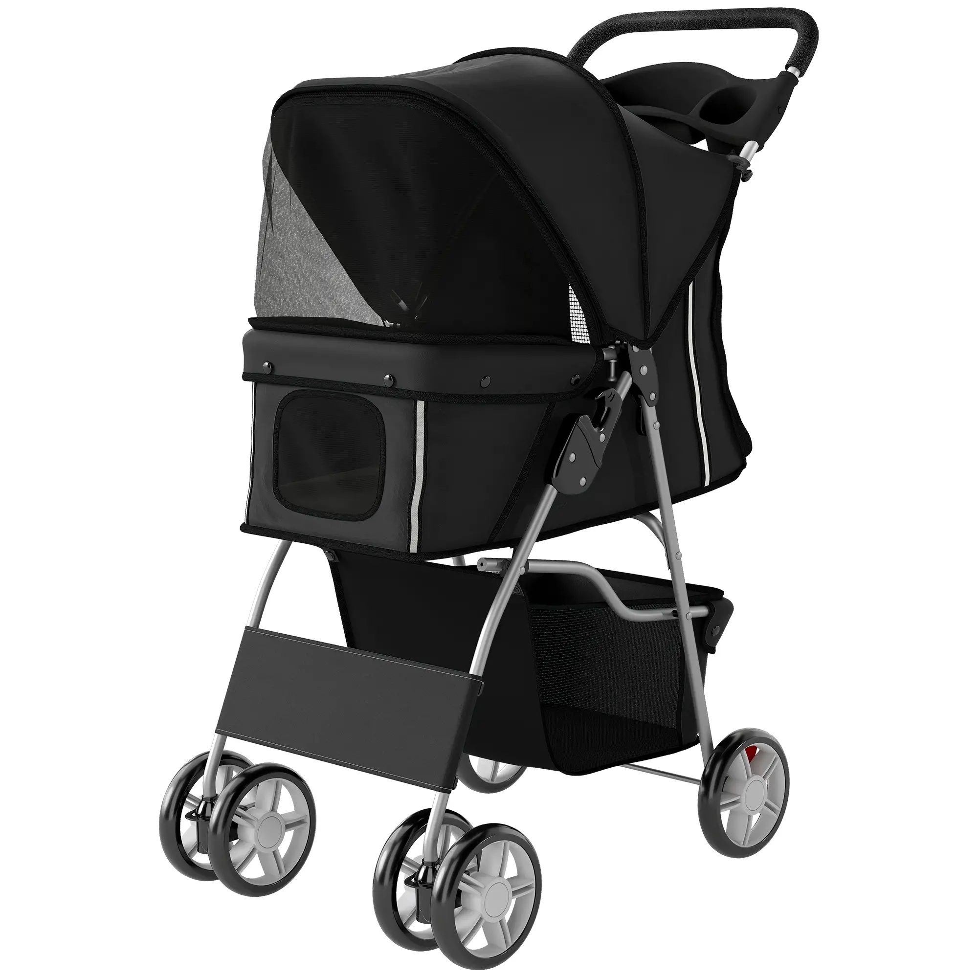 Foldable Pet Stroller With 360° Swivel Wheels, Reflective Strips, Black