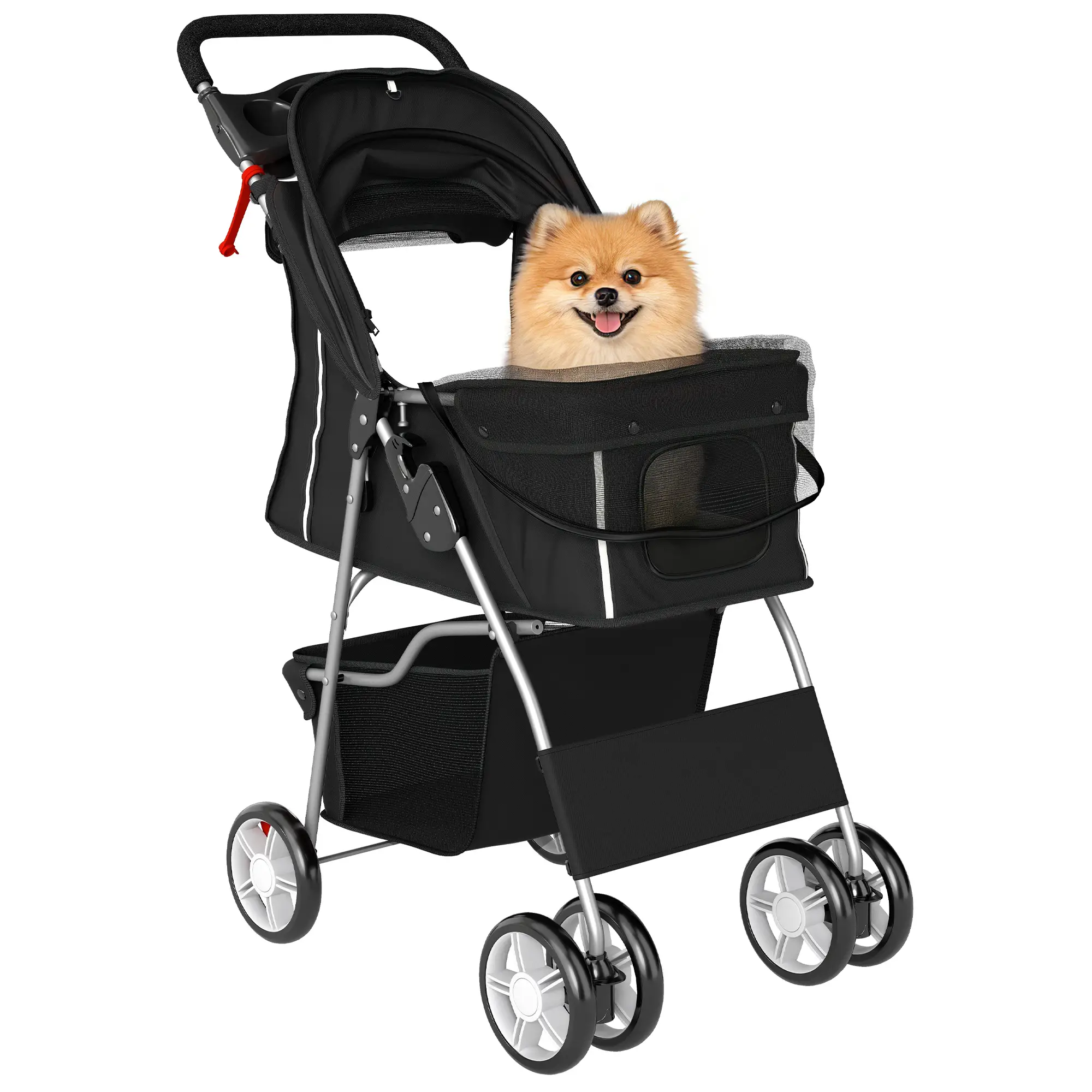Foldable Pet Stroller With 360° Swivel Wheels, Reflective Strips, Black - Image 11