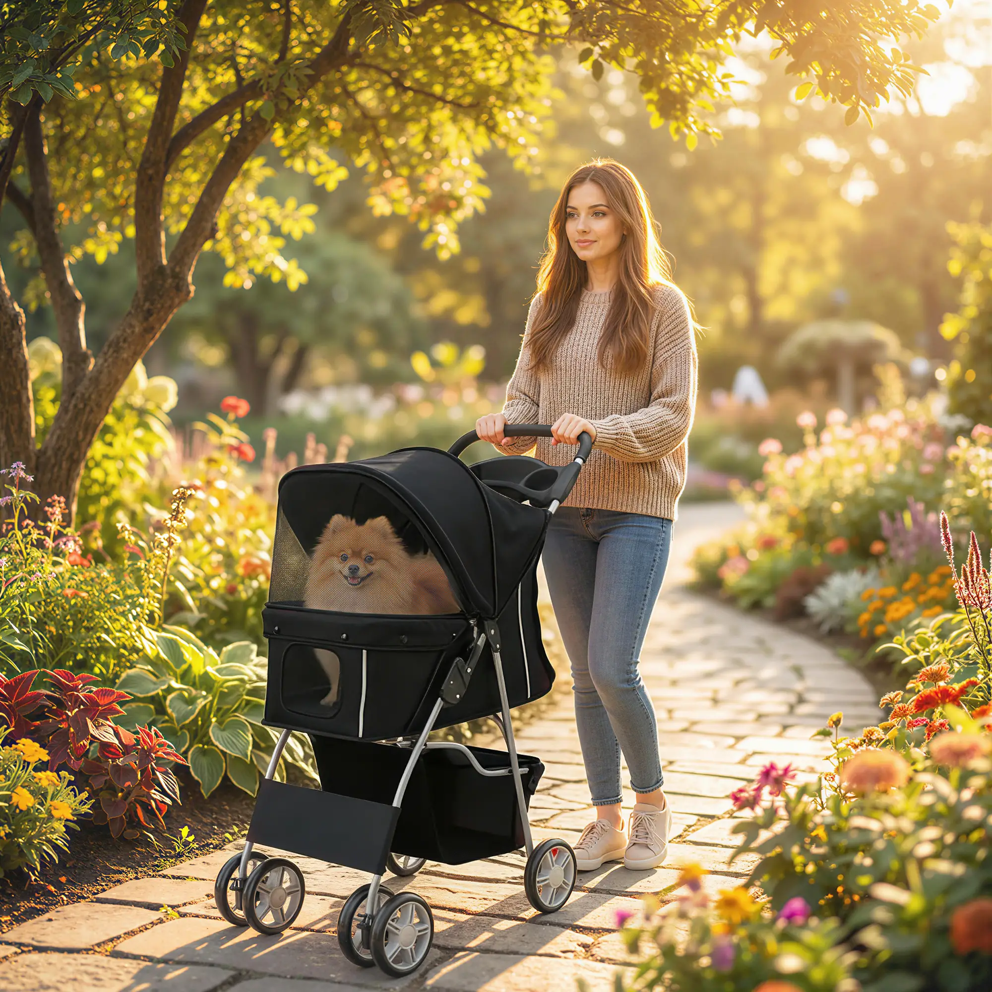 Foldable Pet Stroller With 360° Swivel Wheels, Reflective Strips, Black - Image 2