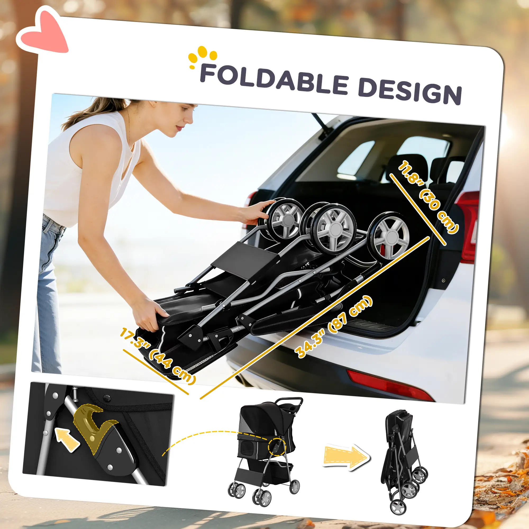 Foldable Pet Stroller With 360° Swivel Wheels, Reflective Strips, Black - Image 5