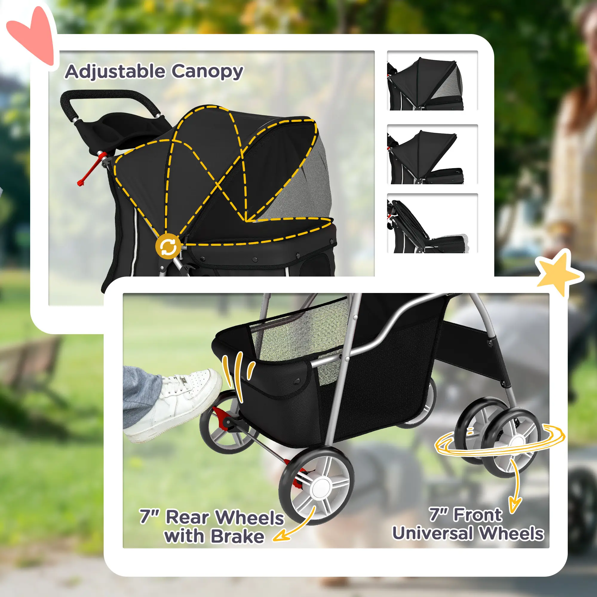 Foldable Pet Stroller With 360° Swivel Wheels, Reflective Strips, Black - Image 6