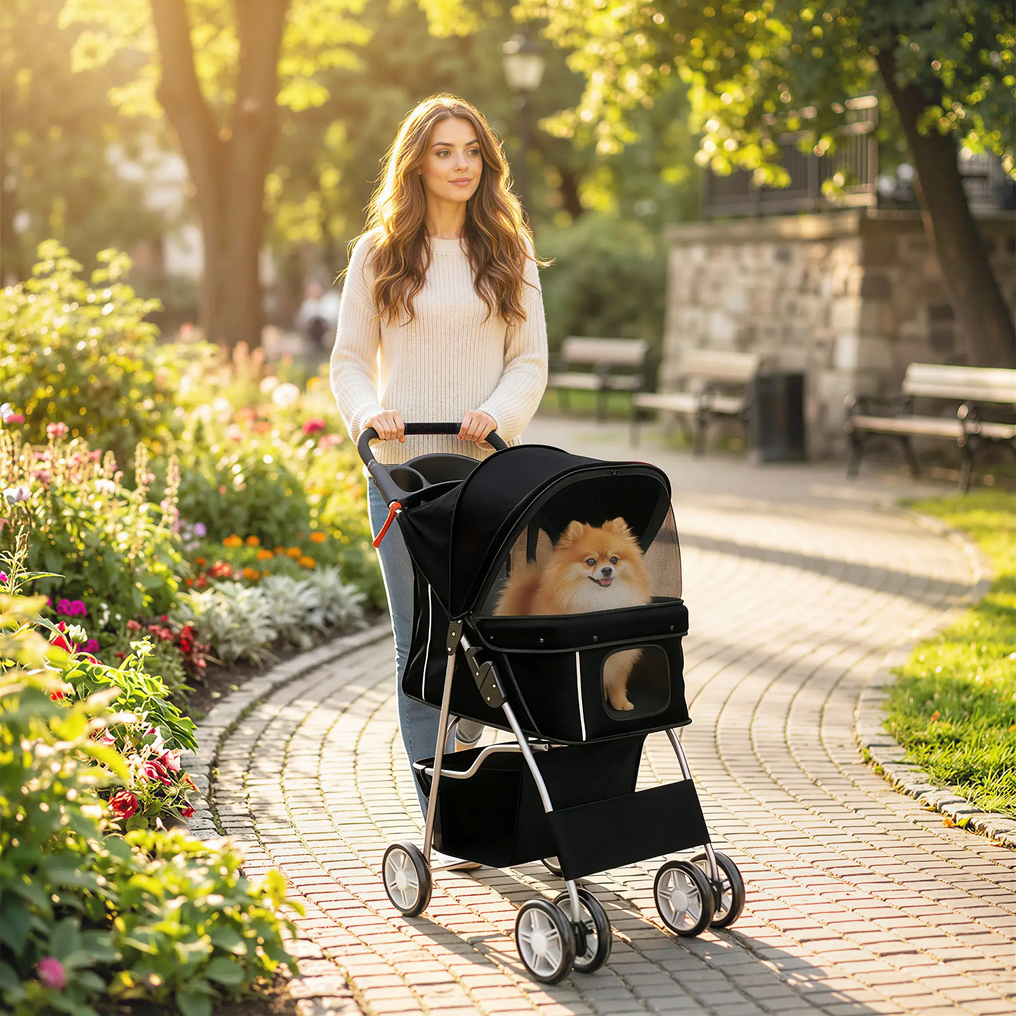 Foldable Pet Stroller With 360° Swivel Wheels, Reflective Strips, Black - Image 8