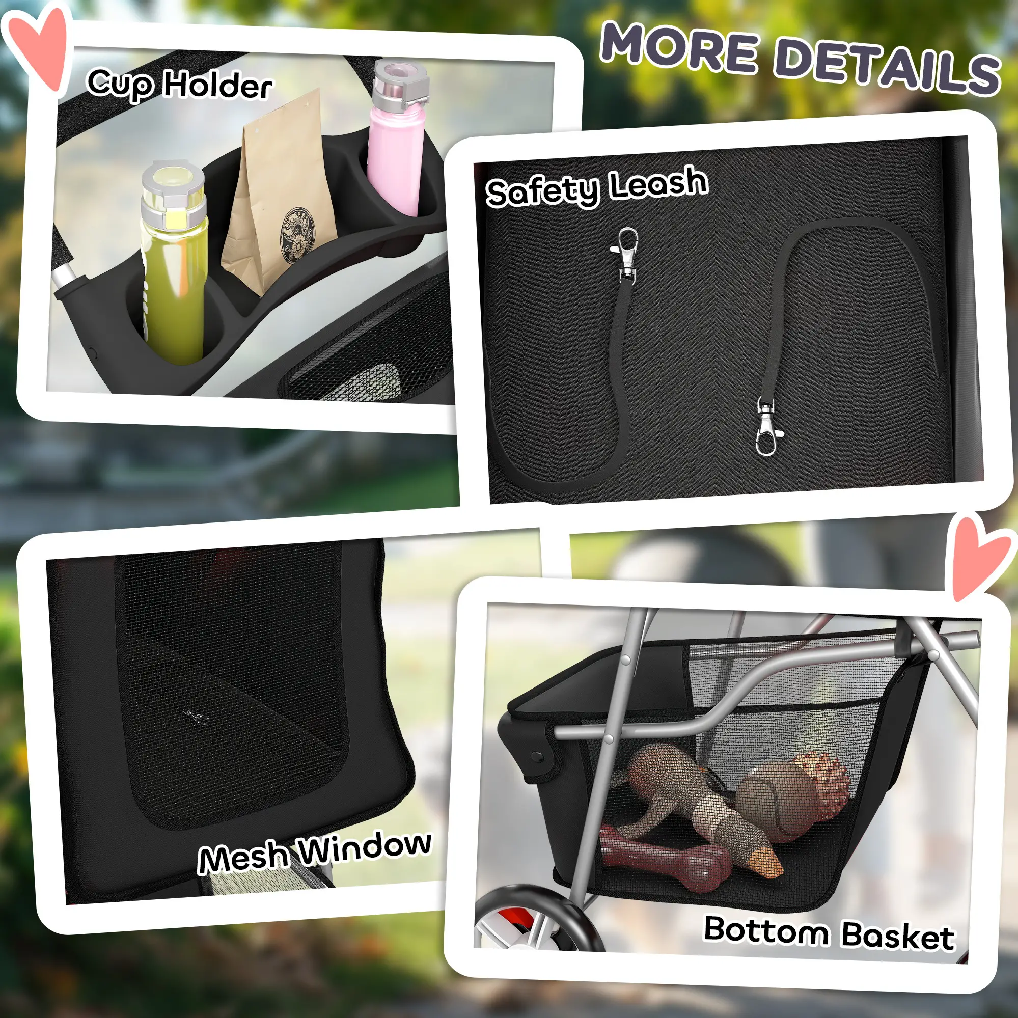 Foldable Pet Stroller With 360° Swivel Wheels, Reflective Strips, Black - Image 9