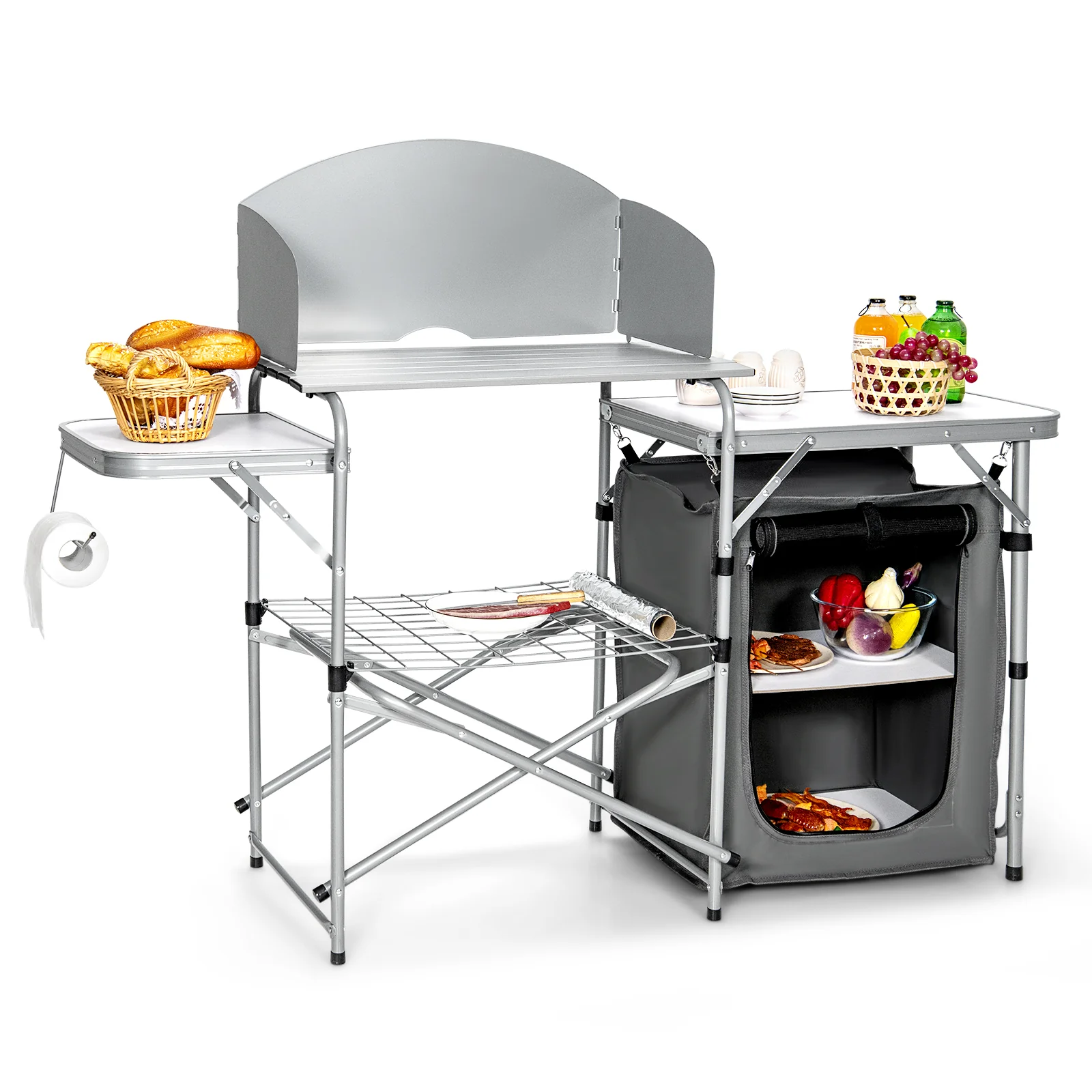 Foldable Portable BBQ Grilling Table With Windscreen Bag, Gray