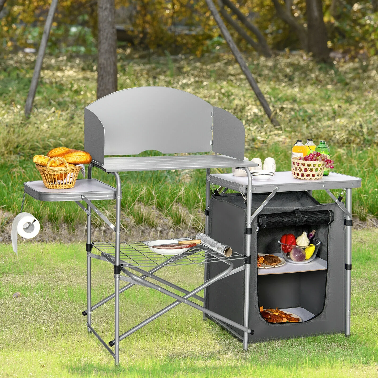 Foldable Portable BBQ Grilling Table With Windscreen Bag, Gray - Image 3