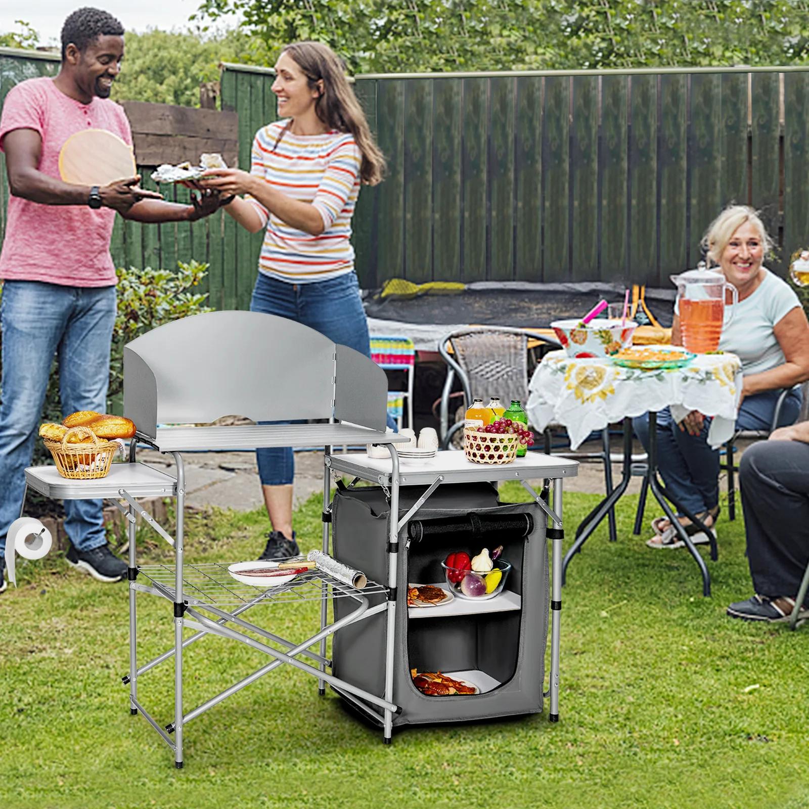 Foldable Portable BBQ Grilling Table With Windscreen Bag, Gray - Image 8