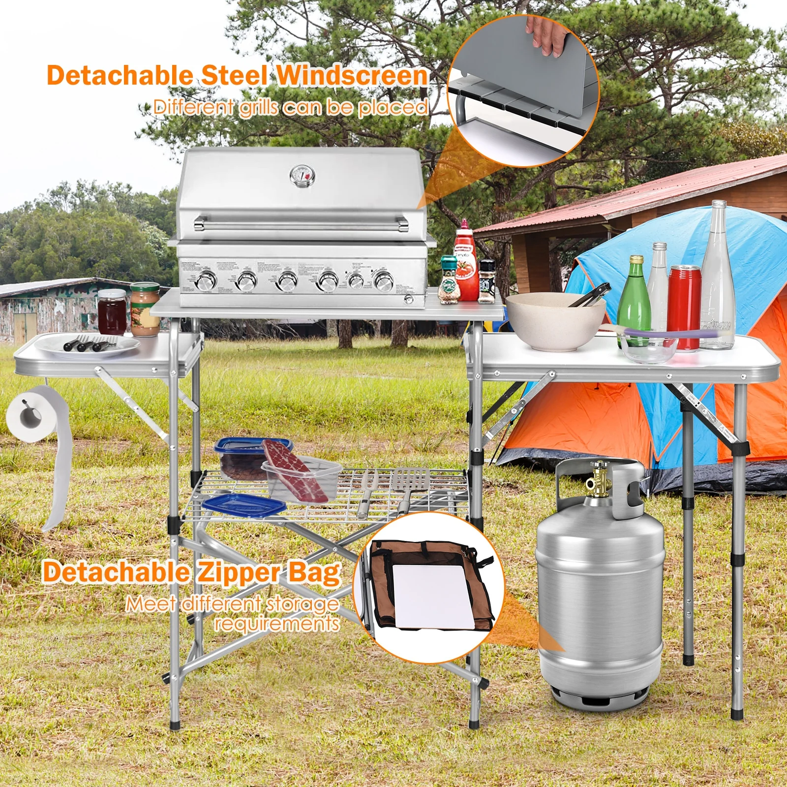 Foldable Portable BBQ Grilling Table With Windscreen Bag, Gray - Image 9