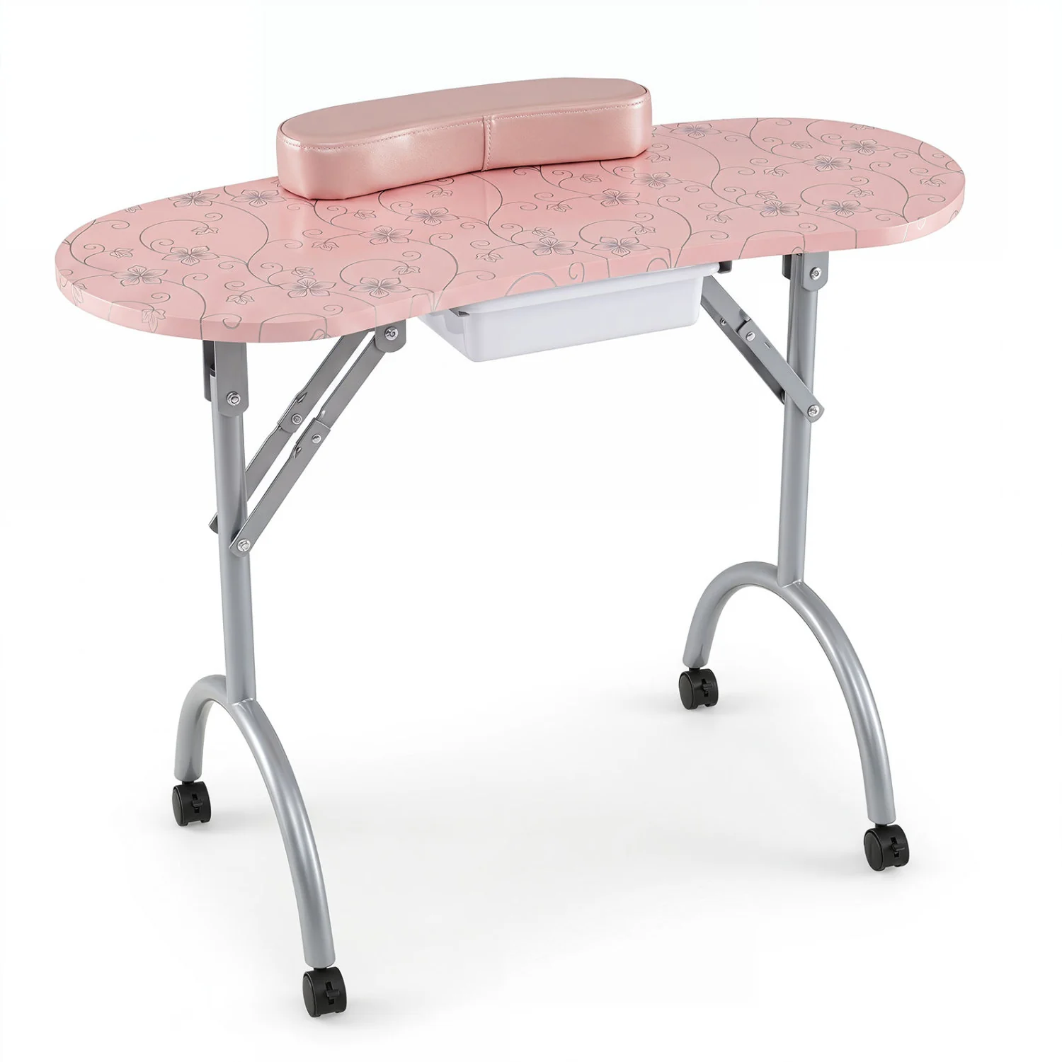 Foldable Portable Manicure Table with Drawer Casters and Cushion, Pink