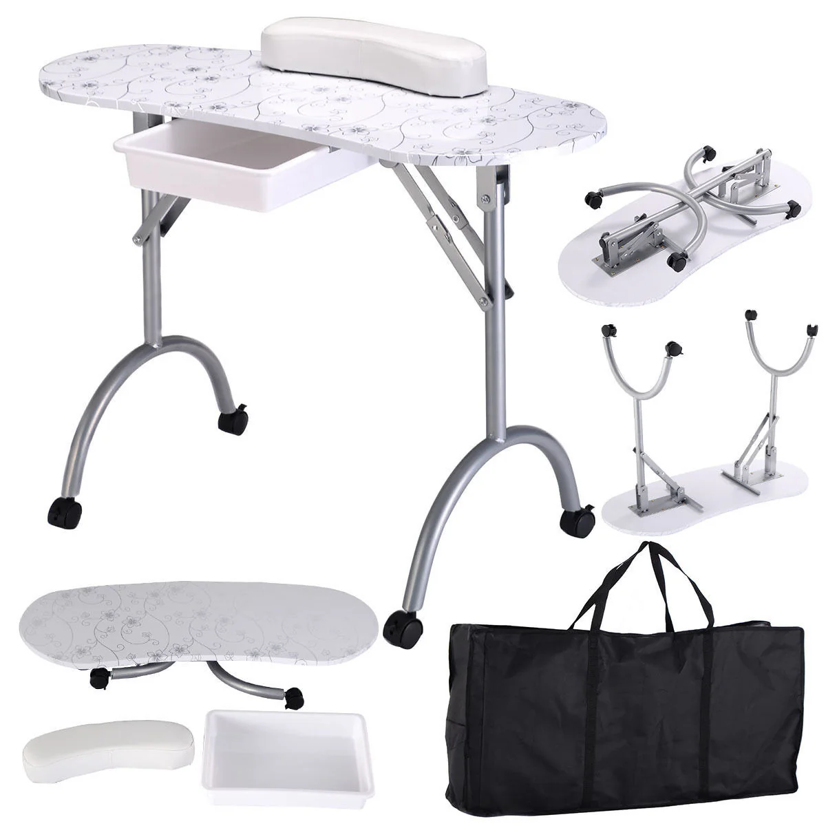 Foldable Portable Manicure Table with Drawer Casters and Cushion, White - Image 2