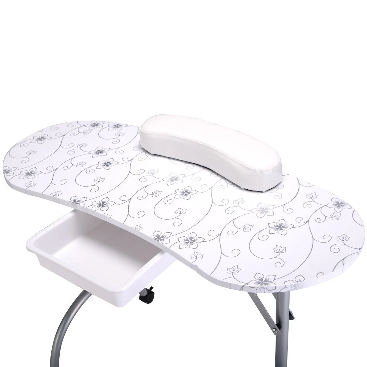 Foldable Portable Manicure Table with Drawer Casters and Cushion, White - Image 4
