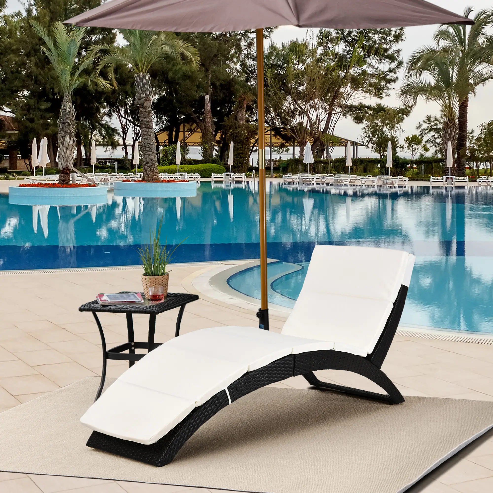 Foldable Rattan Chaise Lounge, Reclining Backrest, PE Wicker, Outdoor, Beige - Image 8