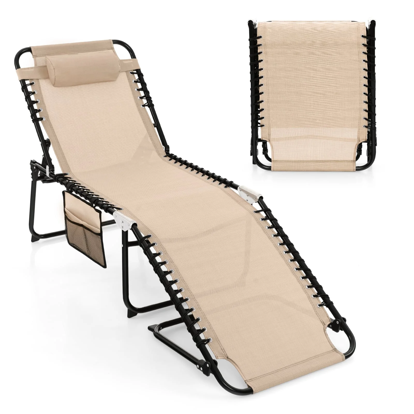 Foldable Recline Lounge Chair, Adjustable Backrest And Footrest, Beige