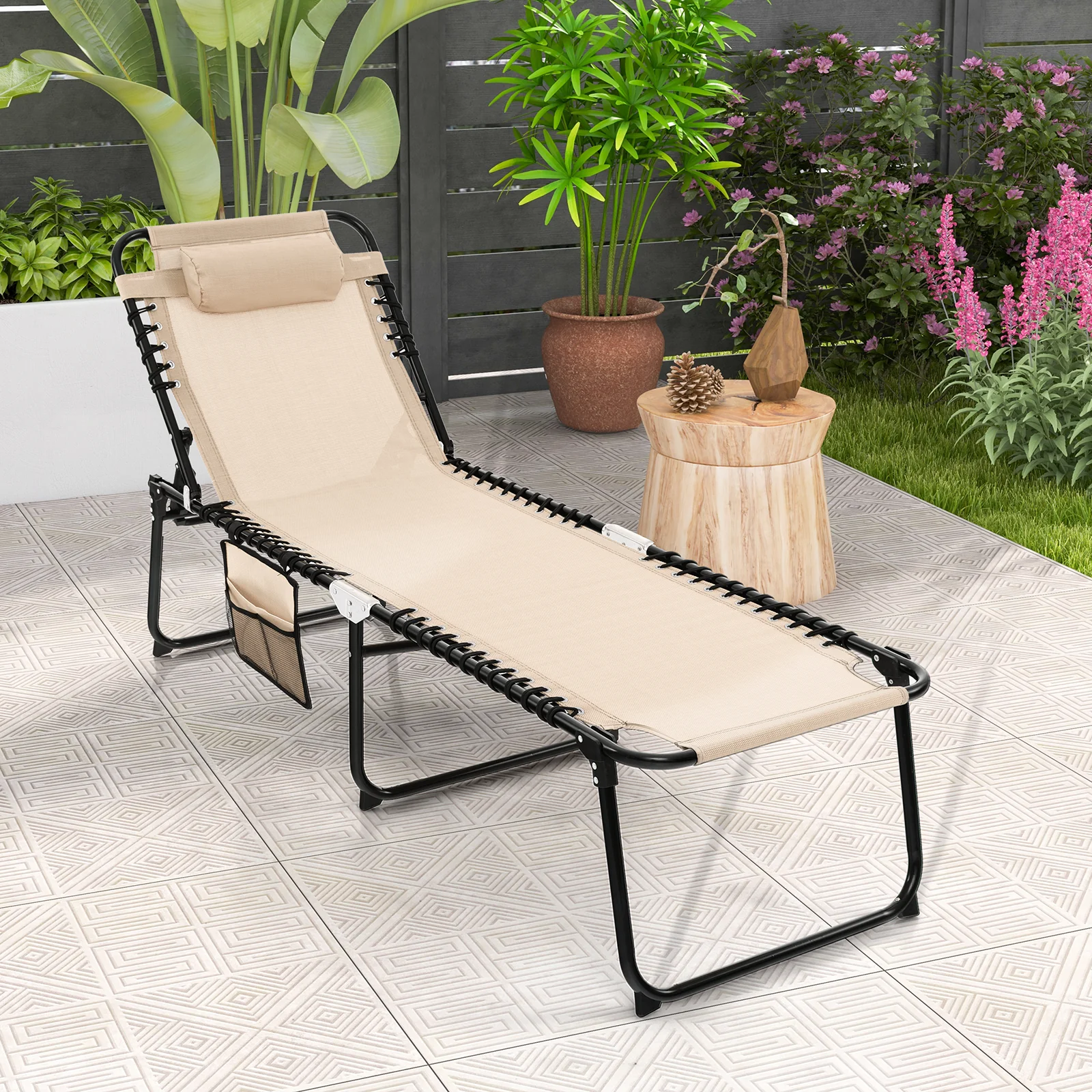 Foldable Recline Lounge Chair, Adjustable Backrest And Footrest, Beige - Image 2
