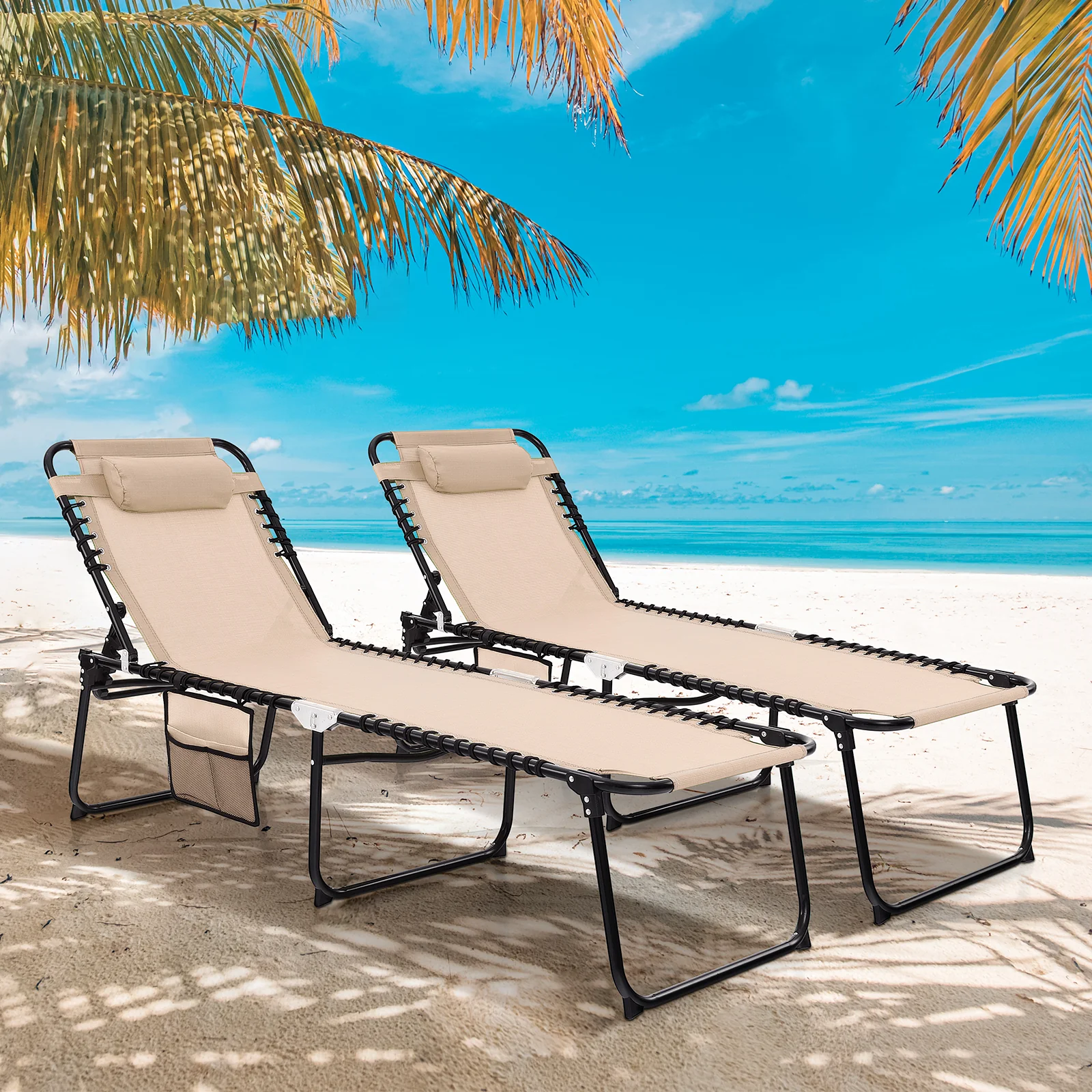 Foldable Recline Lounge Chair, Adjustable Backrest And Footrest, Beige - Image 3