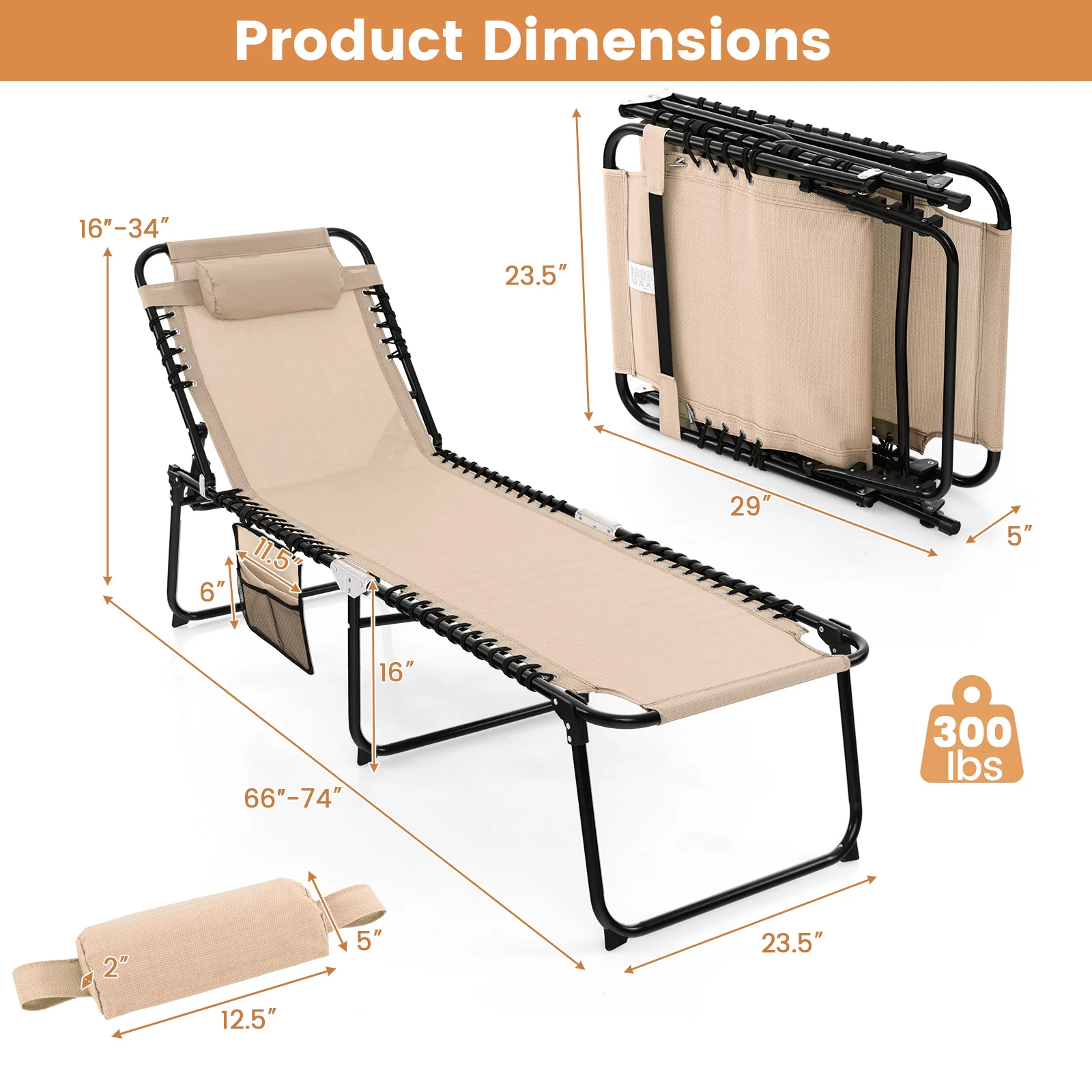 Foldable Recline Lounge Chair, Adjustable Backrest And Footrest, Beige - Image 5