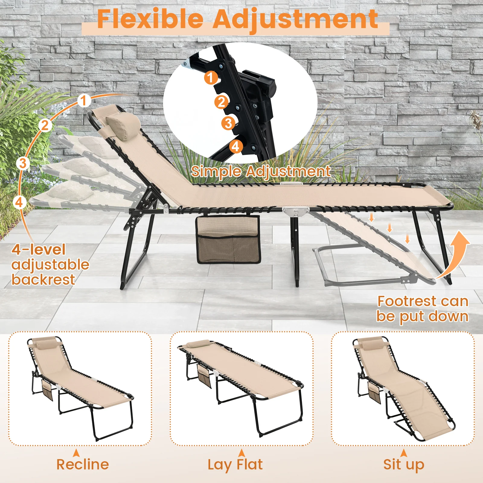 Foldable Recline Lounge Chair, Adjustable Backrest And Footrest, Beige - Image 7