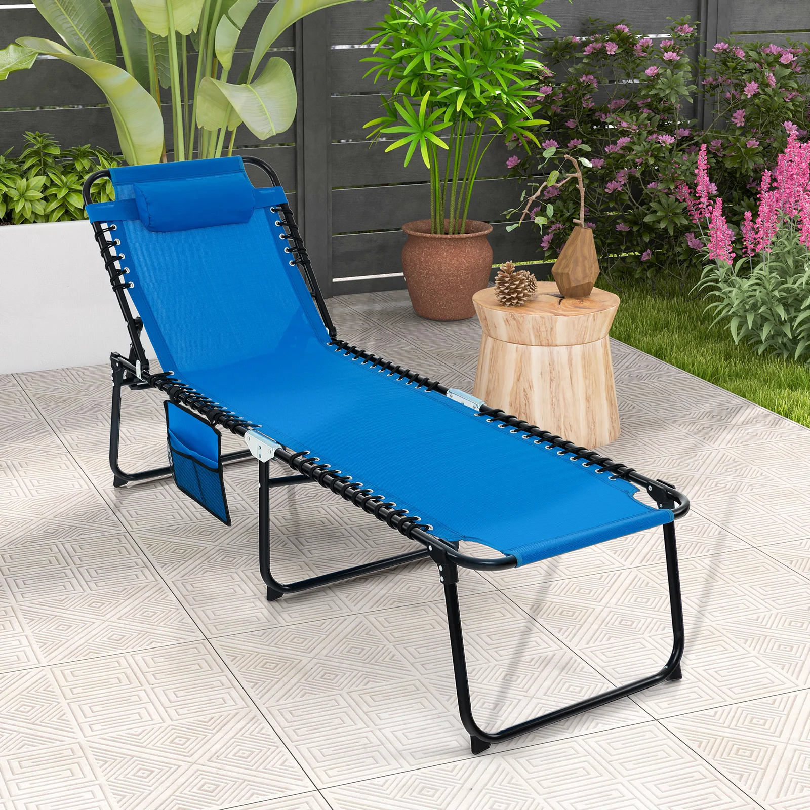 Foldable Recline Lounge Chair, Adjustable Backrest And Footrest, Blue - Image 2