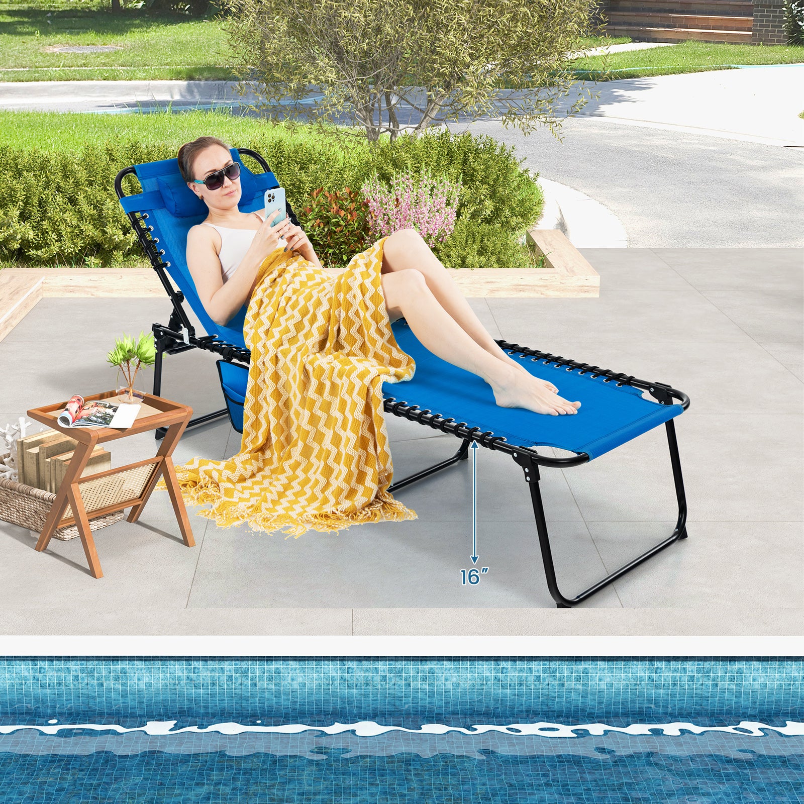 Foldable Recline Lounge Chair, Adjustable Backrest And Footrest, Blue - Image 3