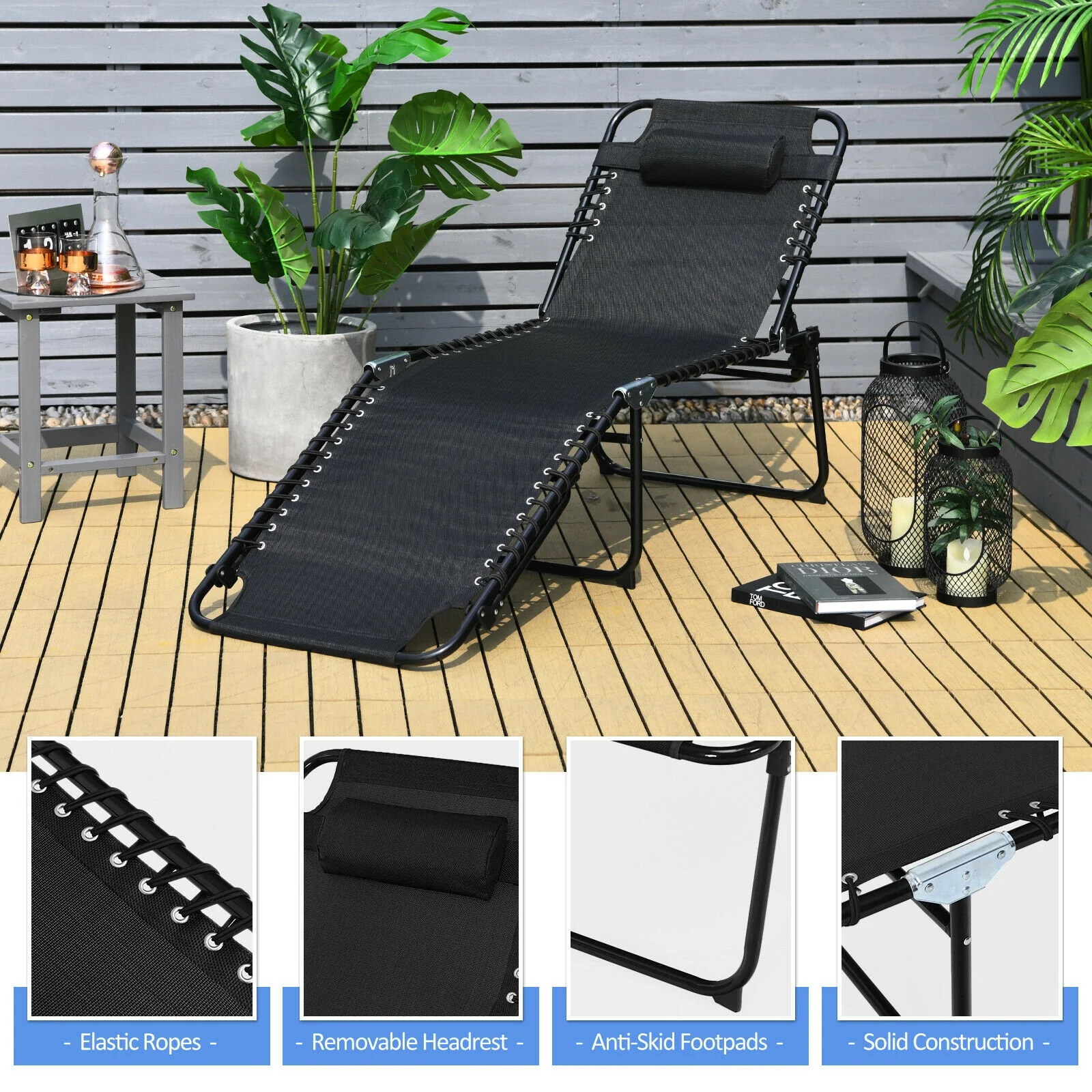 Foldable Recline Lounge Chair, Adjustable Backrest, Footrest, Black - Image 10