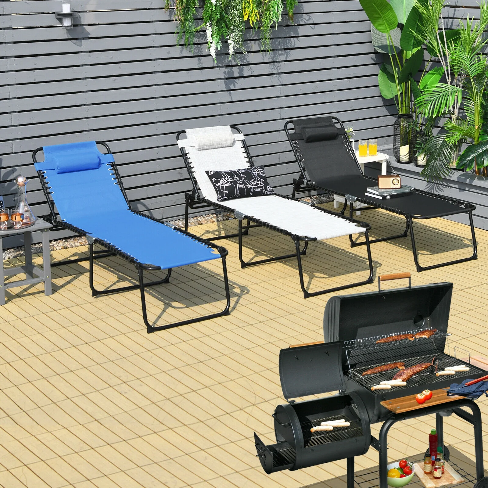 Foldable Recline Lounge Chair, Adjustable Backrest, Footrest, Black - Image 3