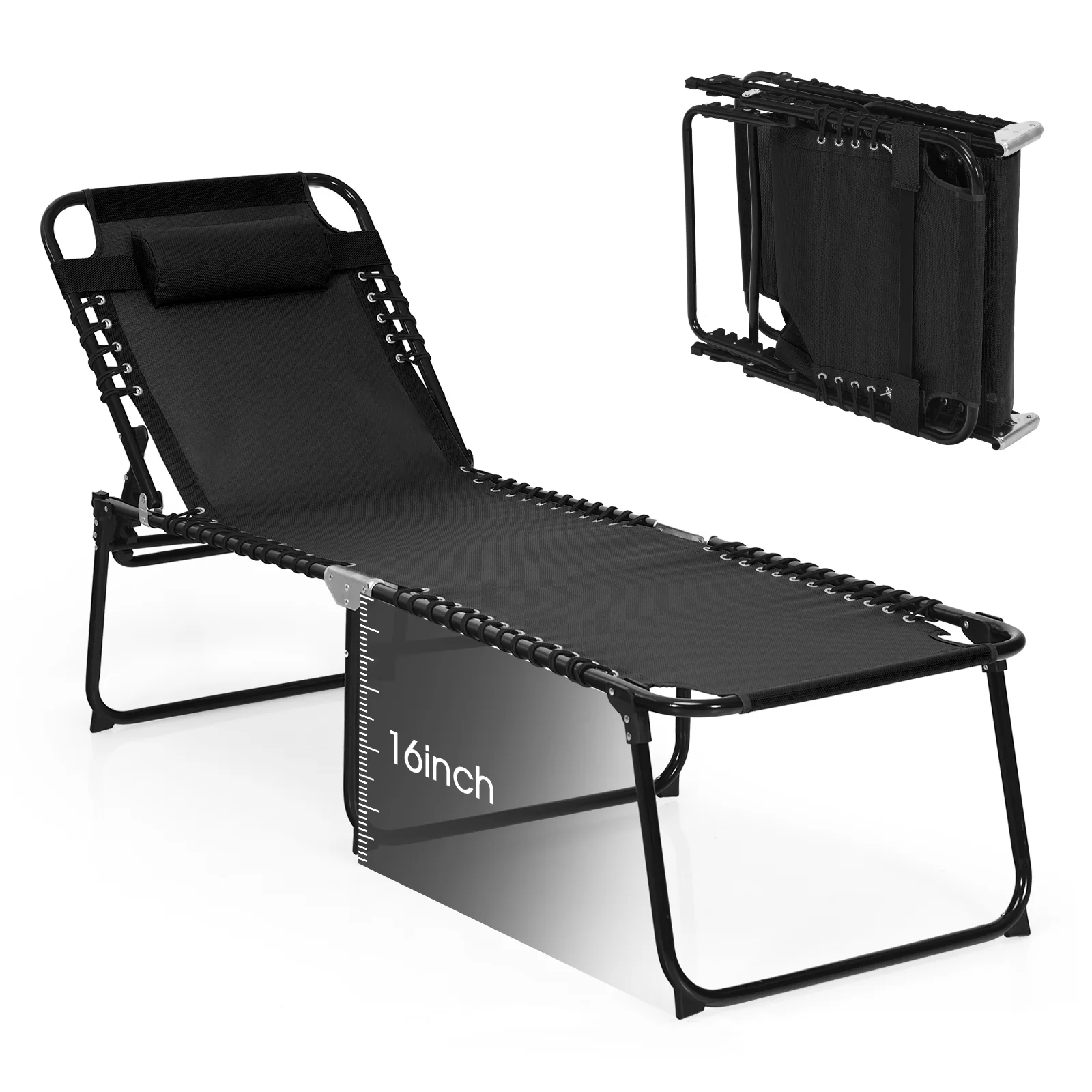 Foldable Recline Lounge Chair, Adjustable Backrest, Footrest, Black - Image 5