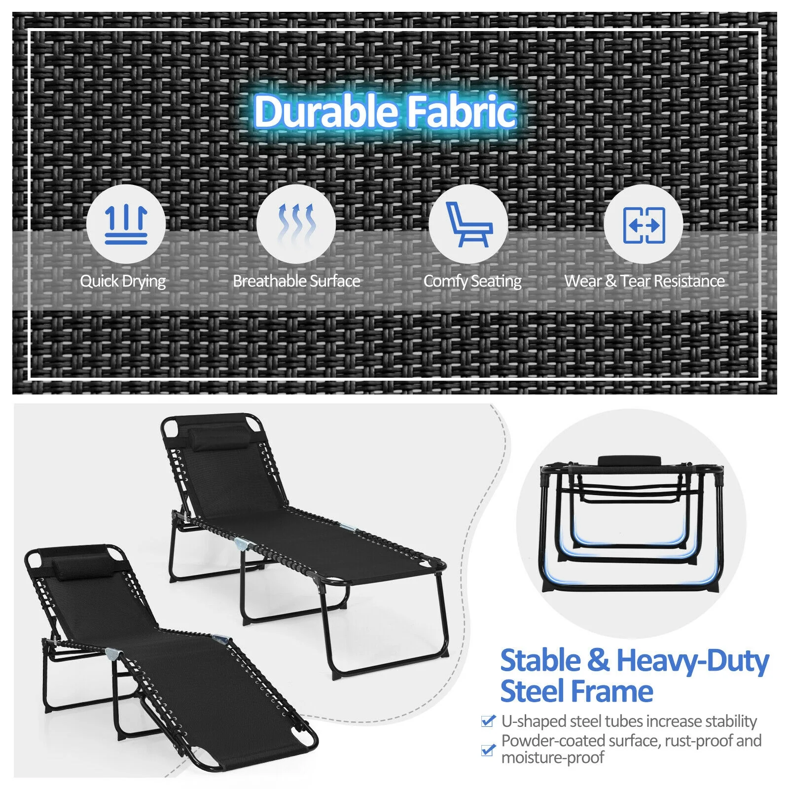 Foldable Recline Lounge Chair, Adjustable Backrest, Footrest, Black - Image 7