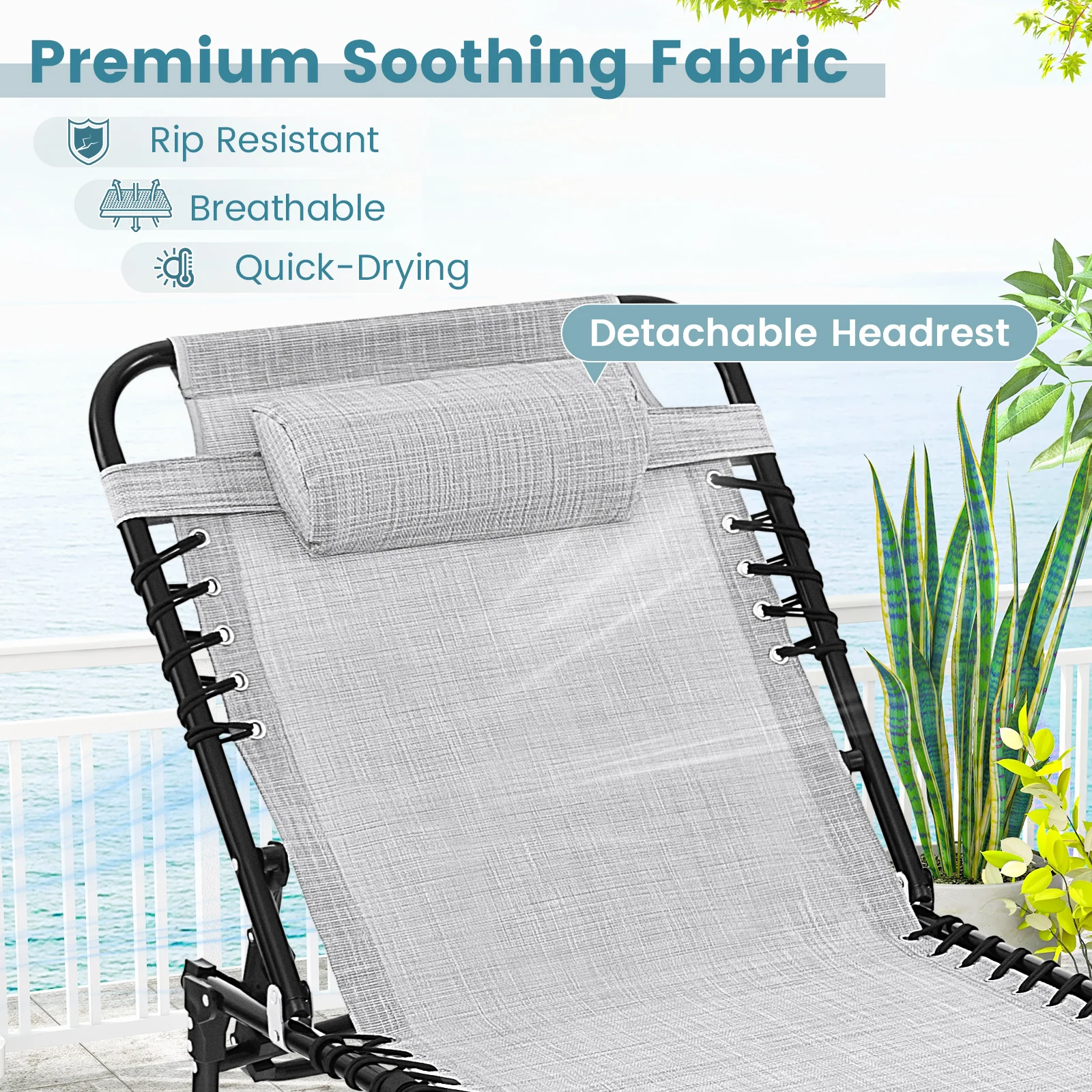 Foldable Recline Lounge Chair, Adjustable Backrest, Footrest, Gray - Image 10