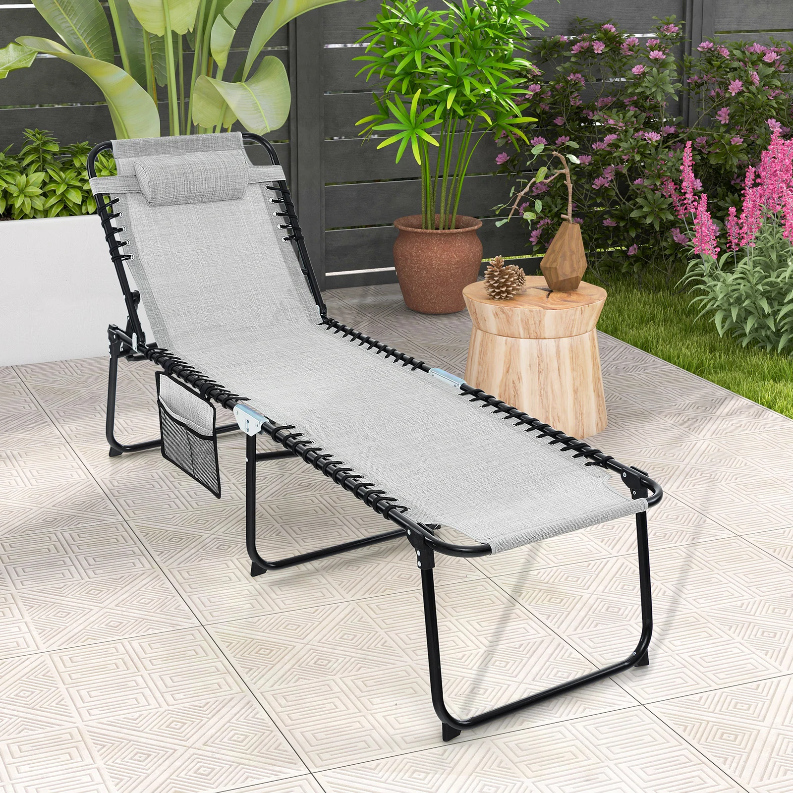 Foldable Recline Lounge Chair, Adjustable Backrest, Footrest, Gray - Image 2