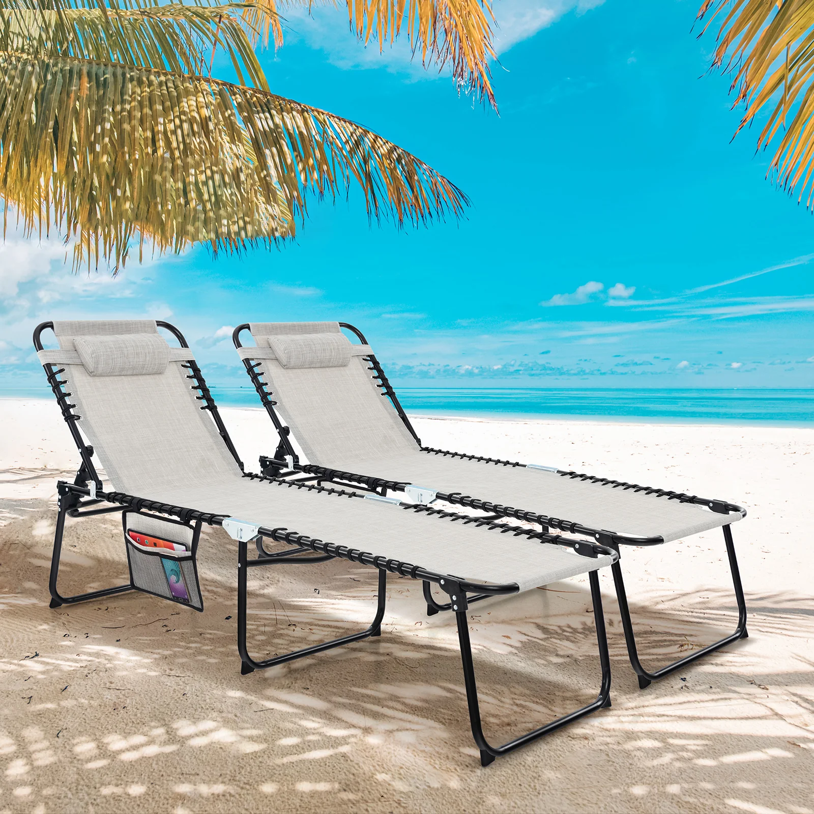 Foldable Recline Lounge Chair, Adjustable Backrest, Footrest, Gray - Image 3