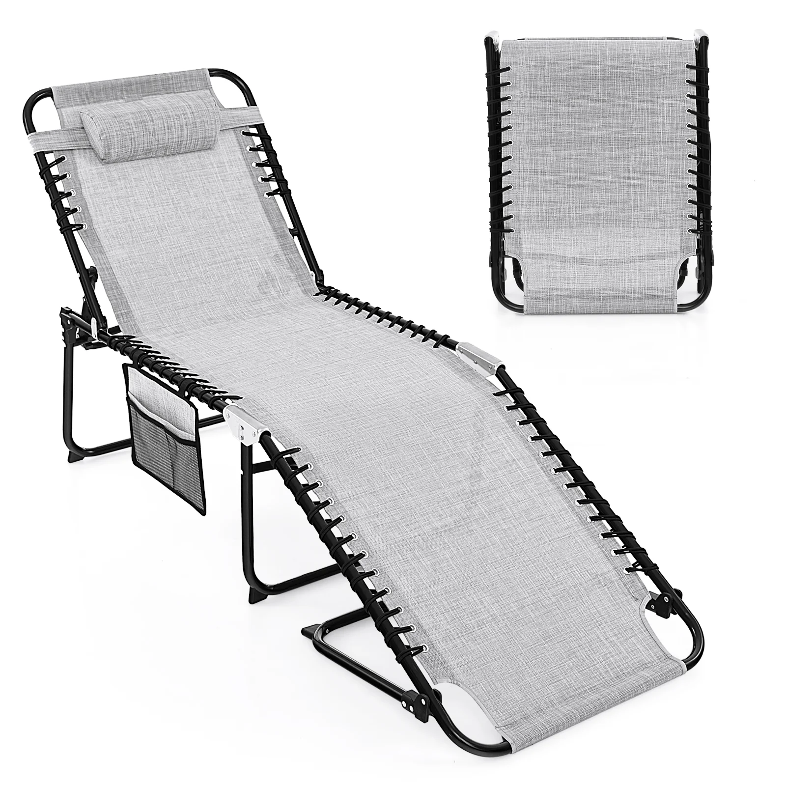 Foldable Recline Lounge Chair, Adjustable Backrest, Footrest, Gray - Image 4