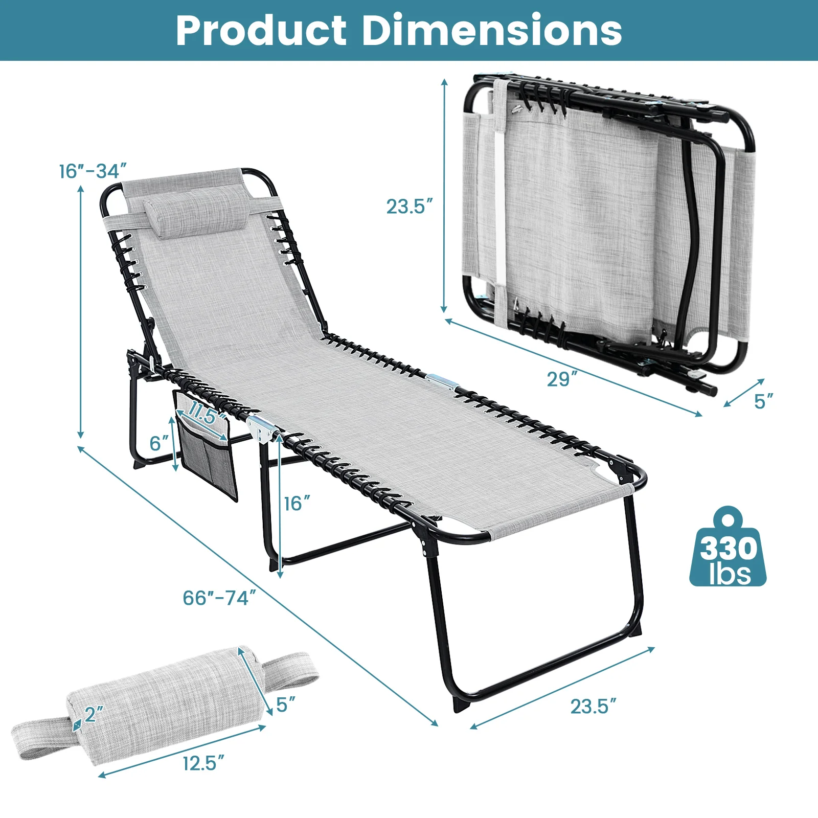 Foldable Recline Lounge Chair, Adjustable Backrest, Footrest, Gray - Image 6