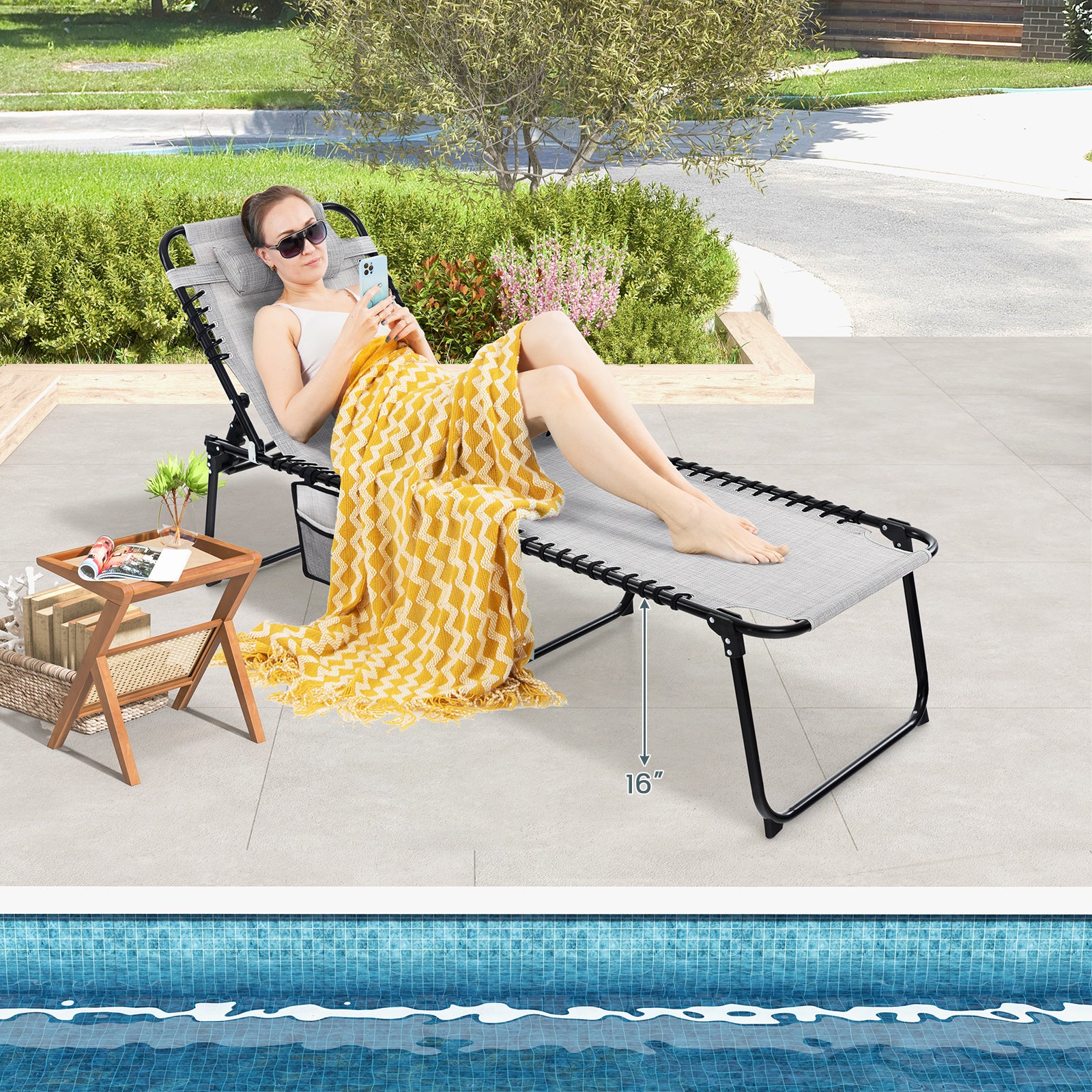 Foldable Recline Lounge Chair, Adjustable Backrest, Footrest, Gray - Image 7