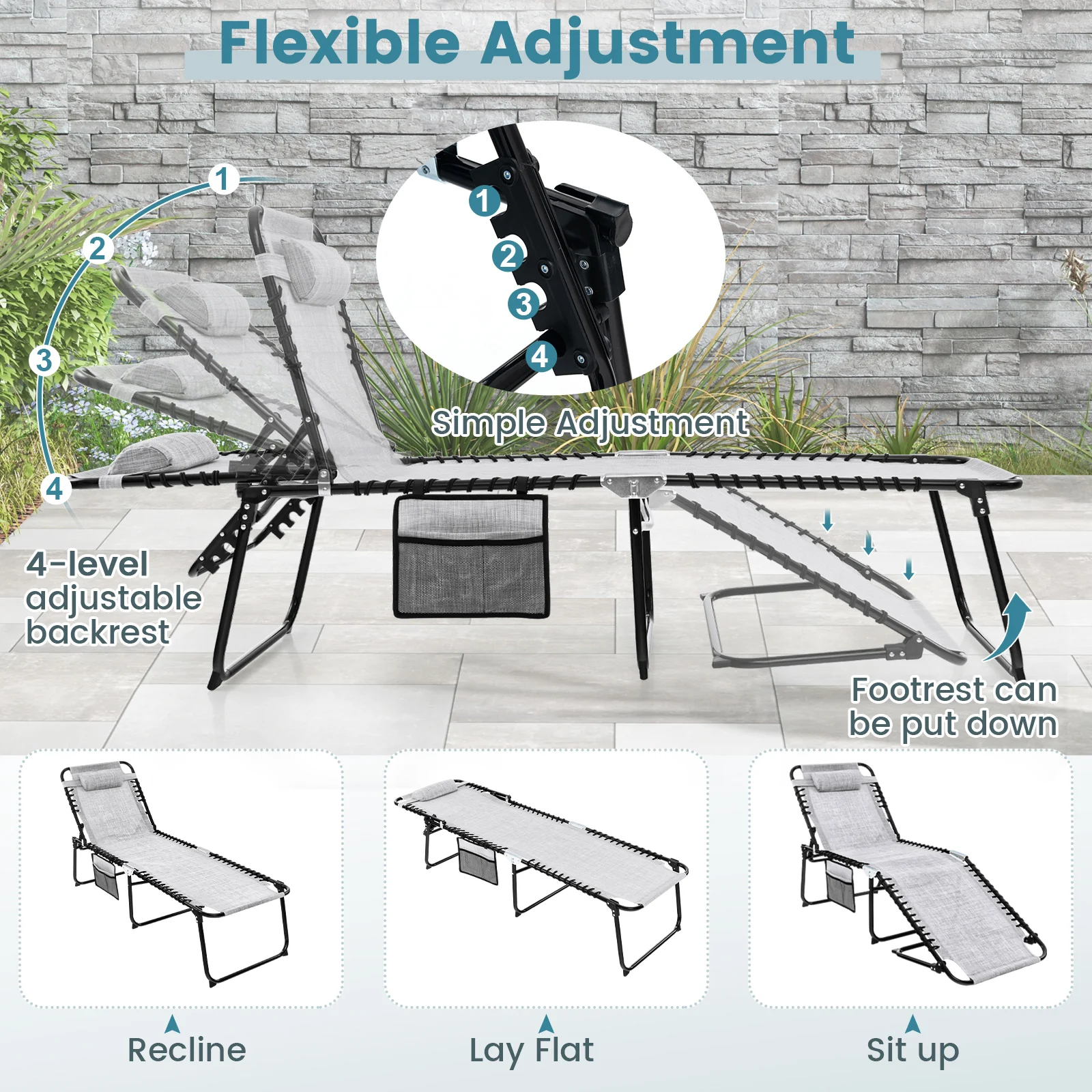 Foldable Recline Lounge Chair, Adjustable Backrest, Footrest, Gray - Image 8