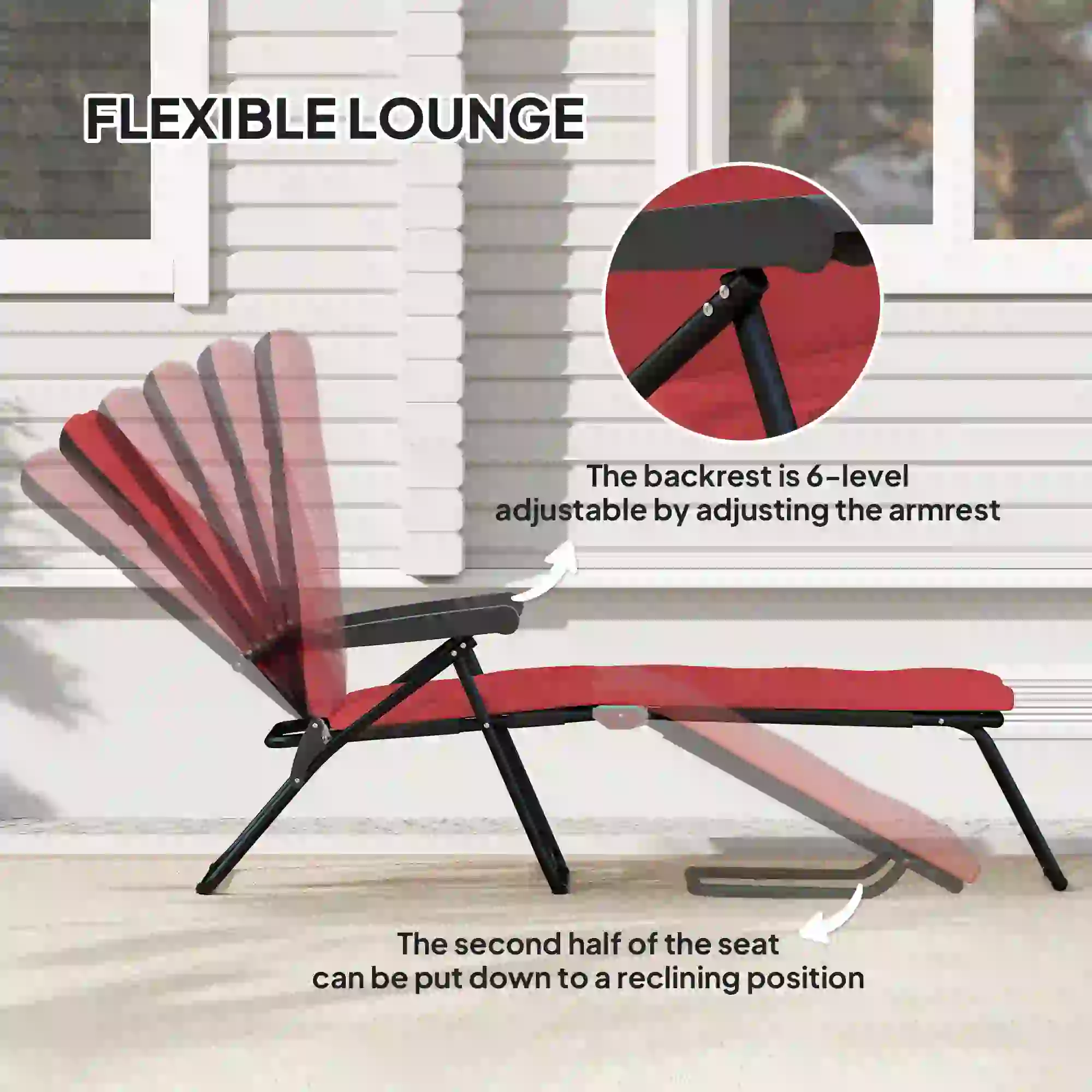 Foldable Reclining Patio Lounge Chair, 6-Position Adjustable, Wine Red - Image 4